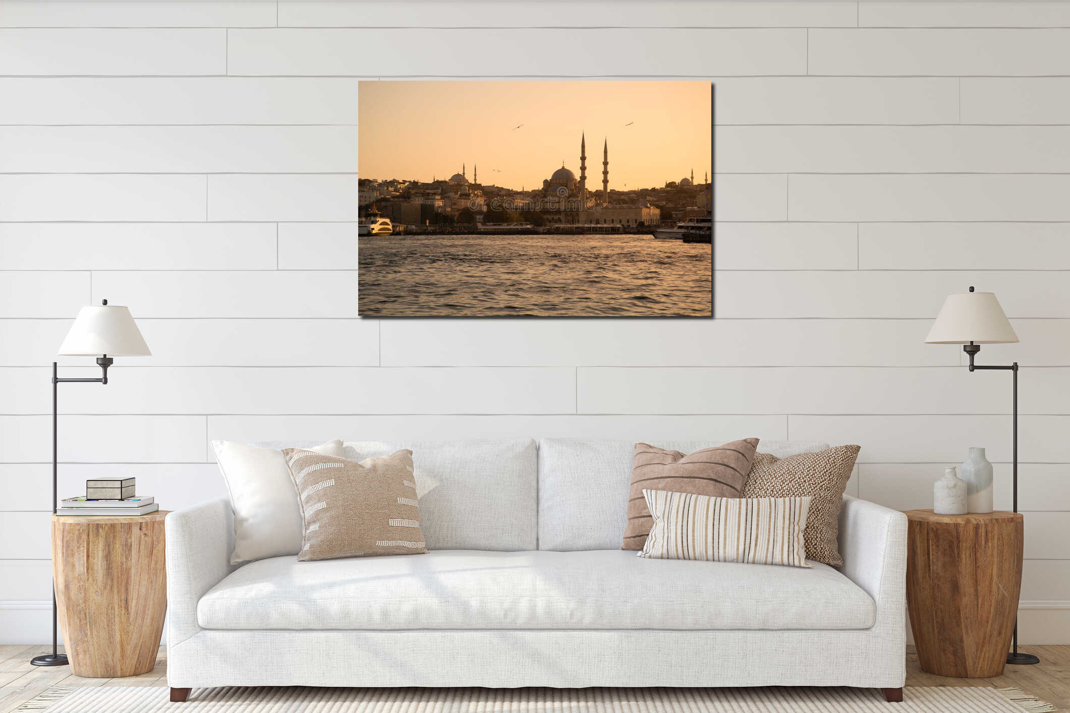Istanbul, Turkey. The Golden Horn at sunset. Yeni Cami mosque silhouette. interior mockup