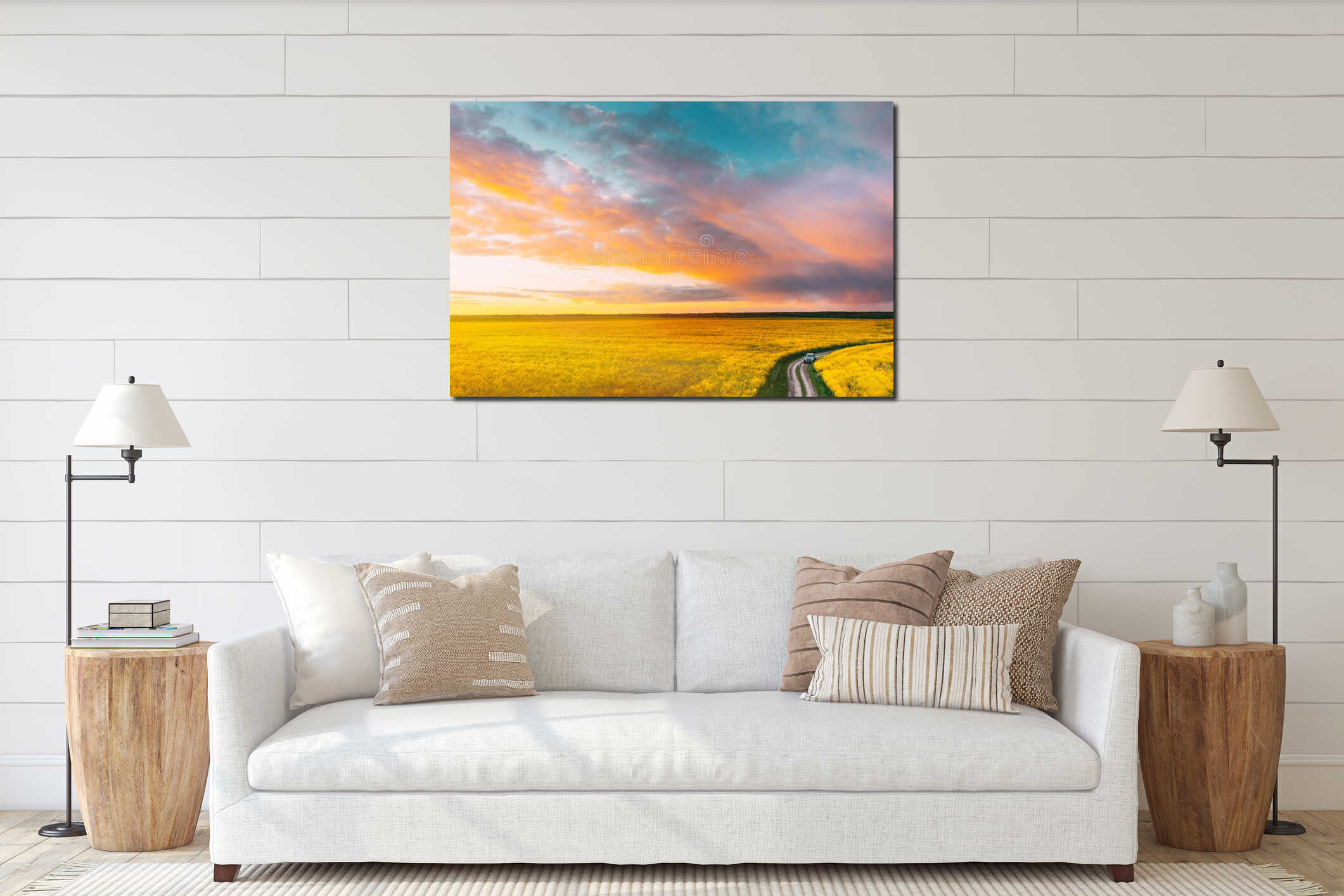 Aerial View Of Car SUV Parked Near Countryside Road In Spring Field Rural Landscape. Flowering Blooming Rapeseed interior mockup