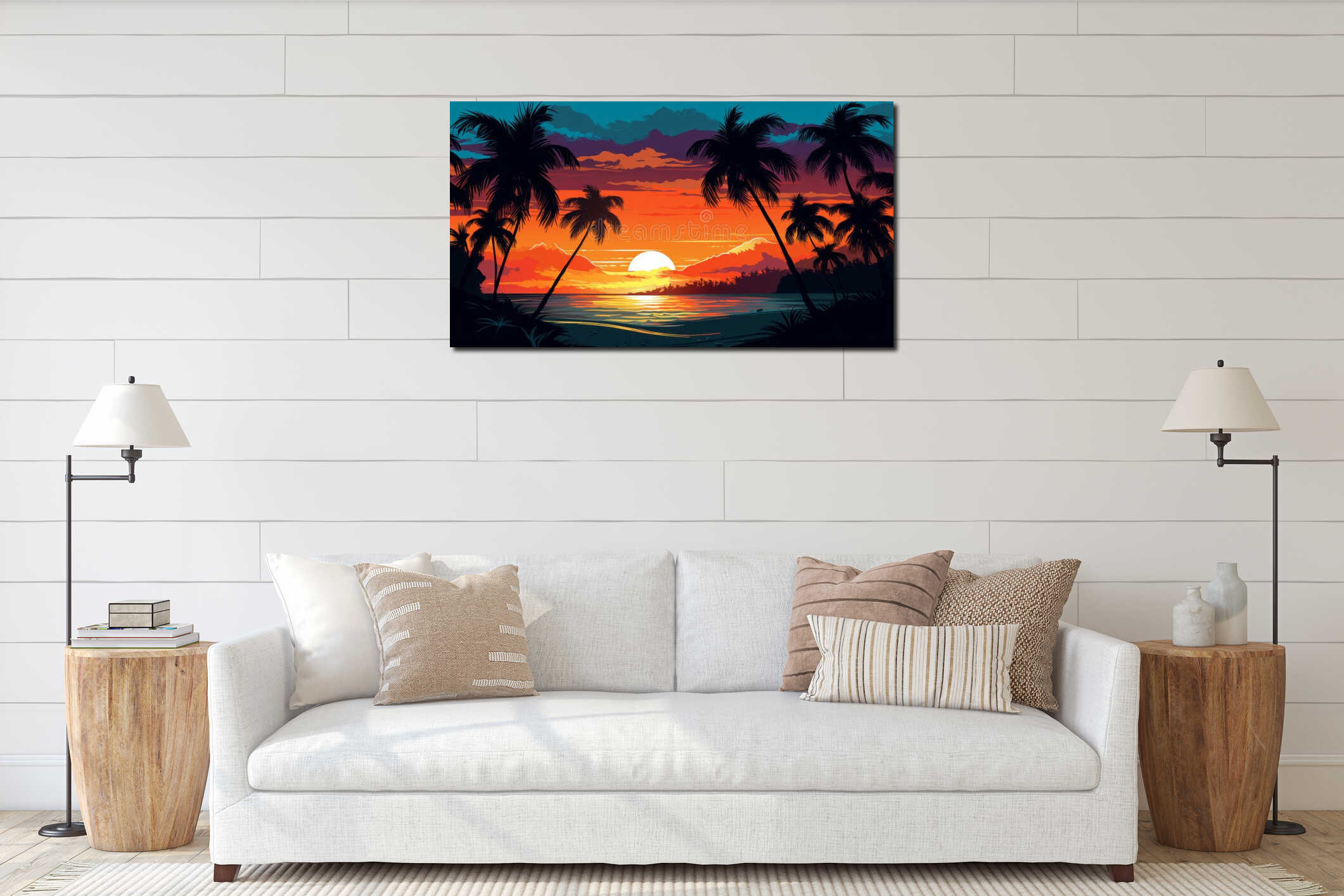 Tropical beach sunset with palm trees interior mockup