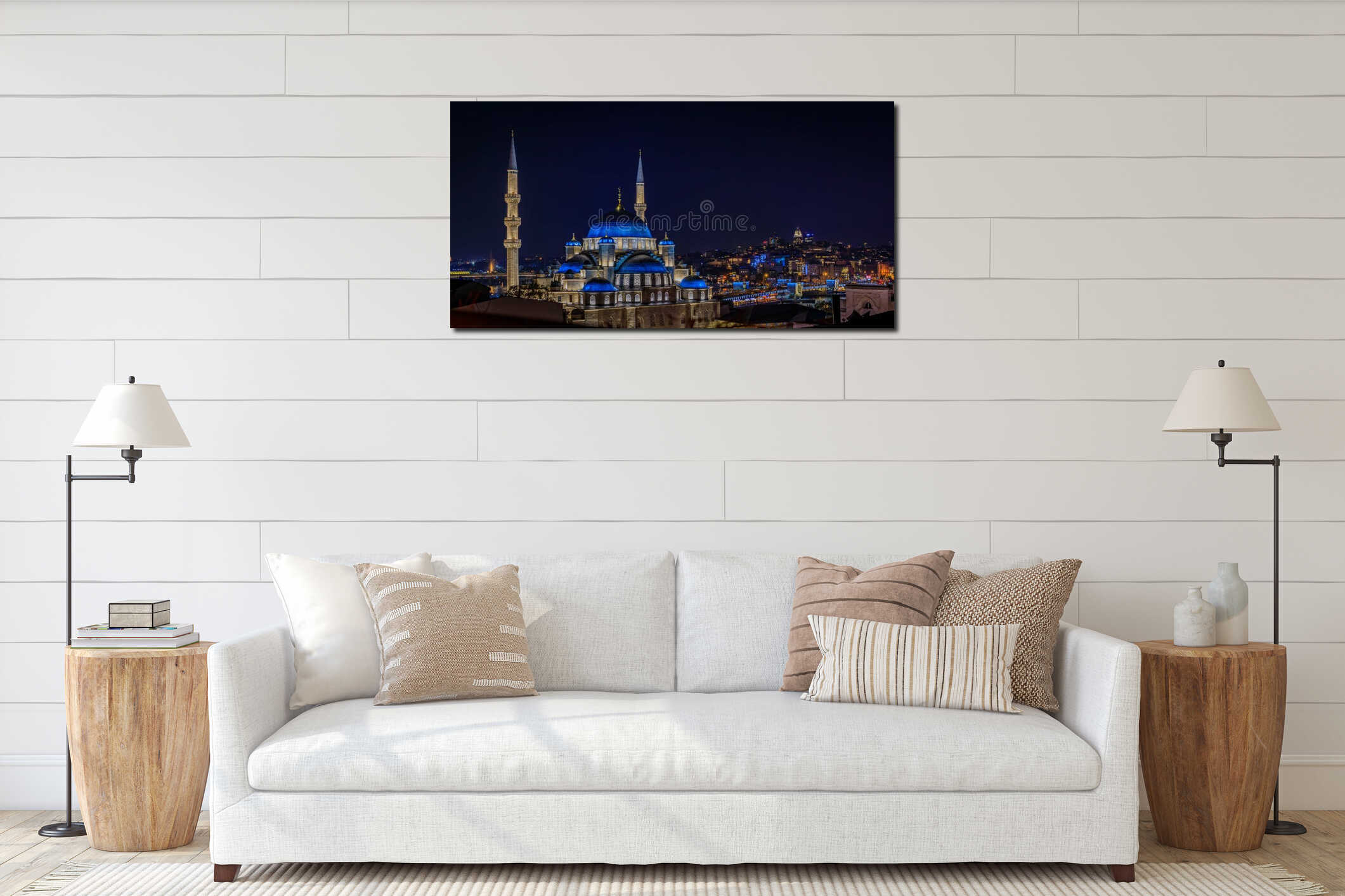 Panoramic cityscape with Yeni Cami or New Mosque after sunset in Istanbul Turkey interior mockup