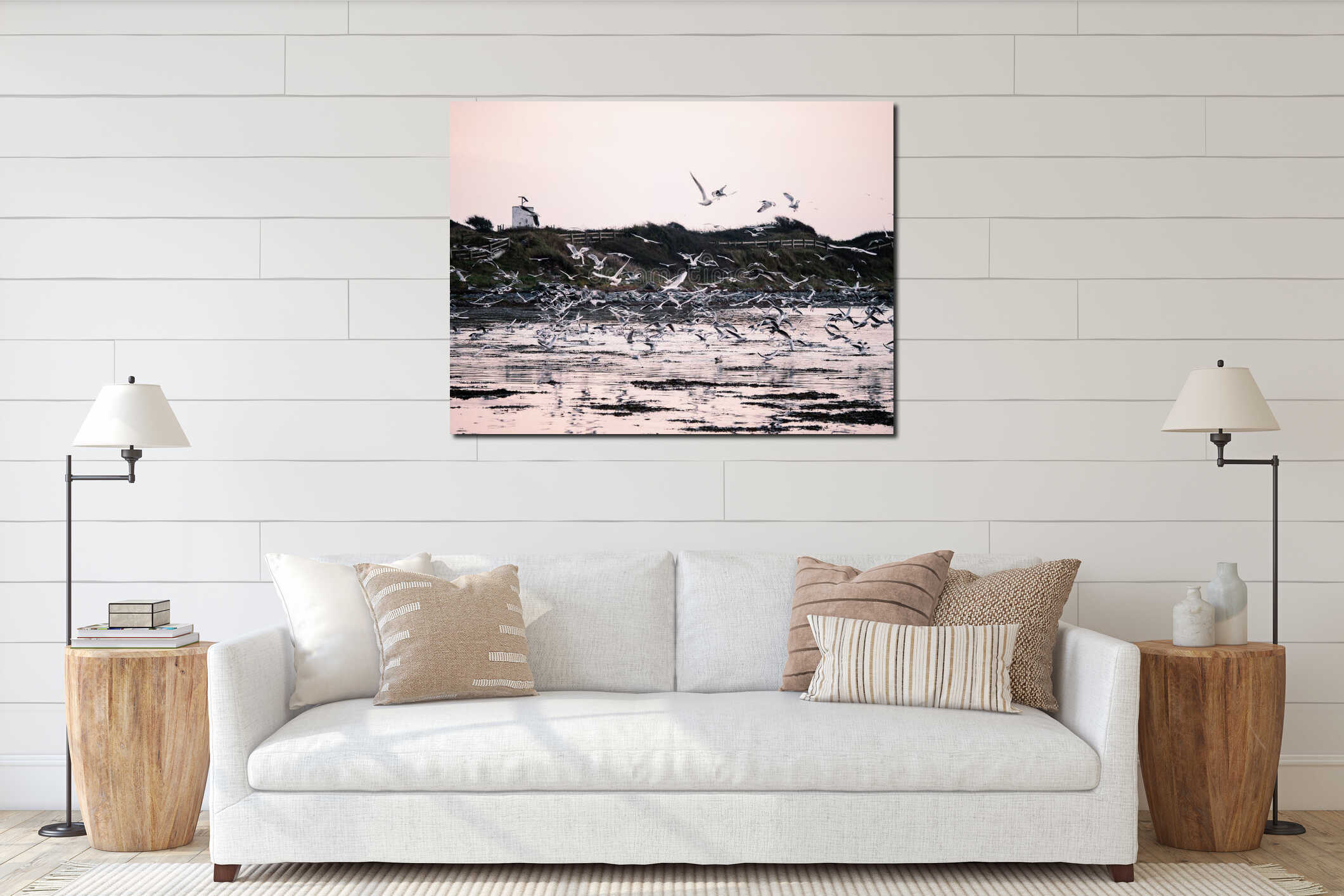 Huge flock of seagull flying low over the ocean looking for fresh mackerel fish pack over Galway bay, Ireland. Fishing concept. interior mockup