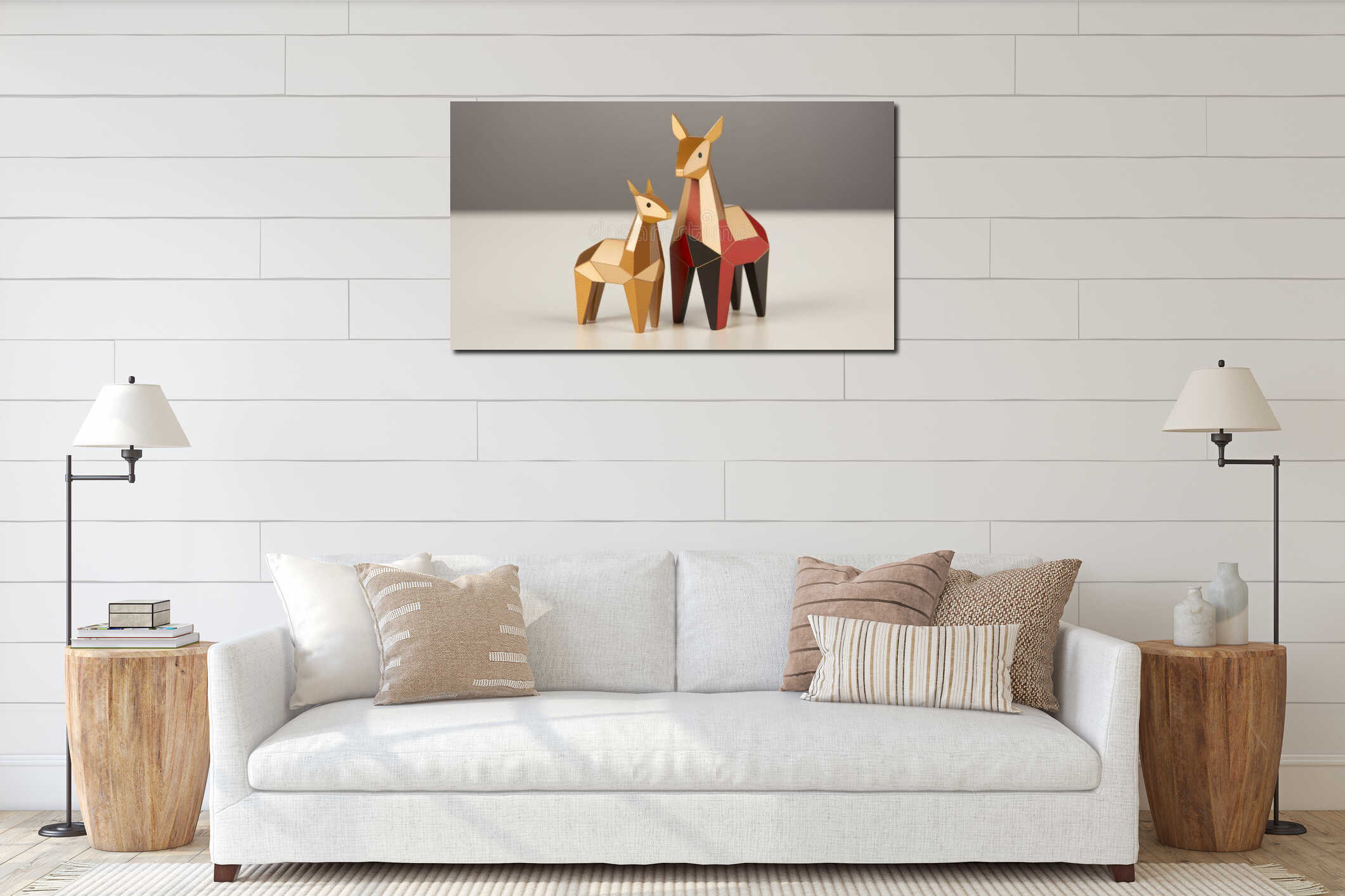 Two figures of artiodactyls in the style of low poly interior mockup