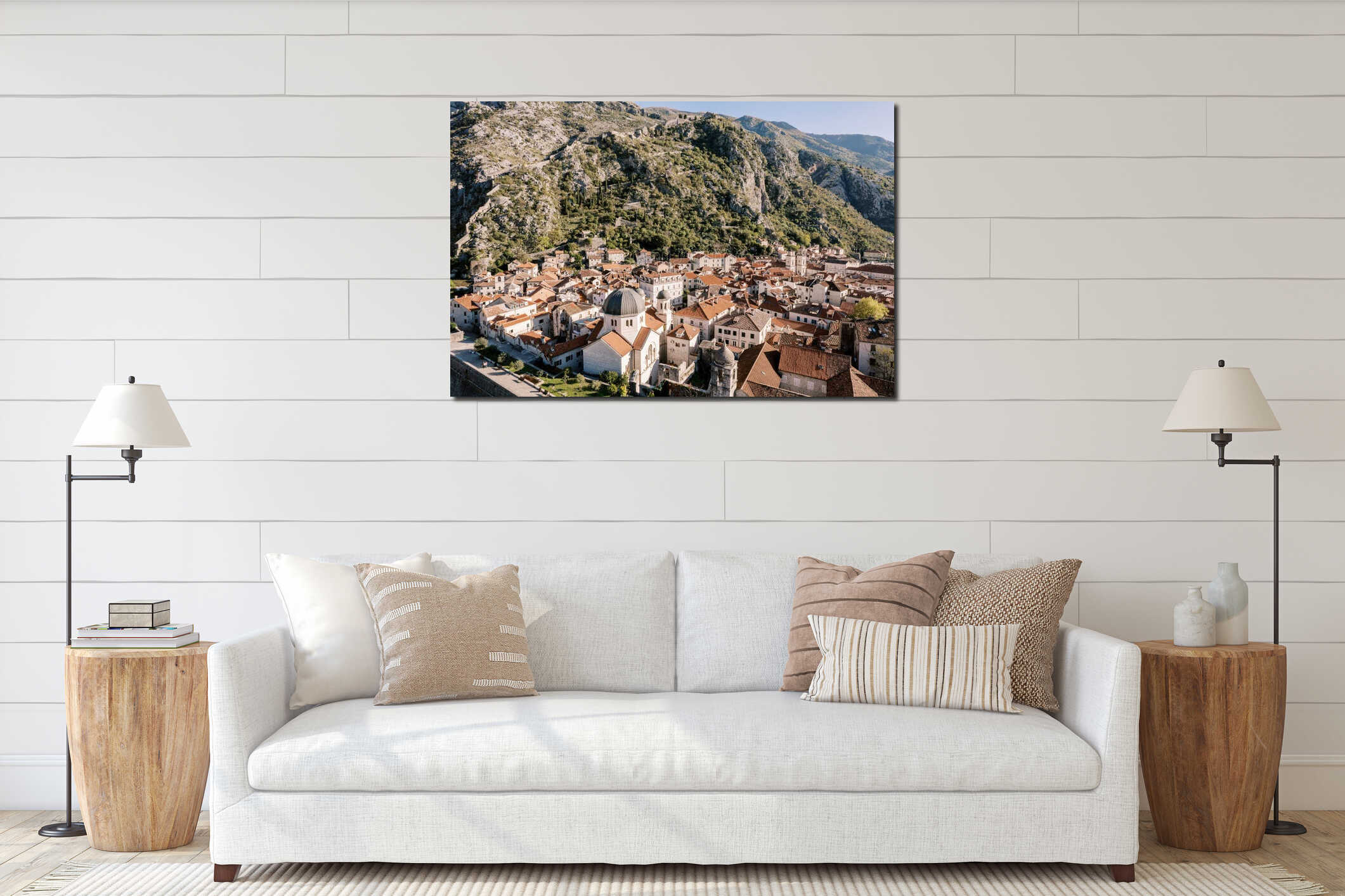 Church of St. Nicholas among the red tiled roofs of ancient houses. Kotor, Montenegro interior mockup