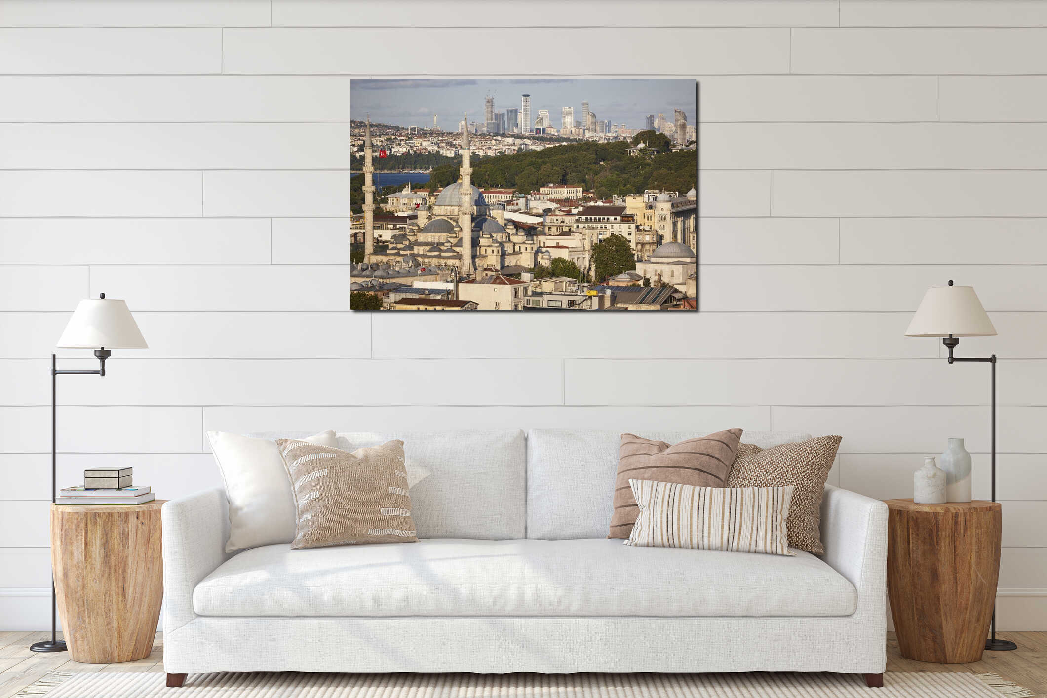 Cityscape in Istanbul. Suleymaniye mosque, bosphorus strait, business area. Turkey interior mockup