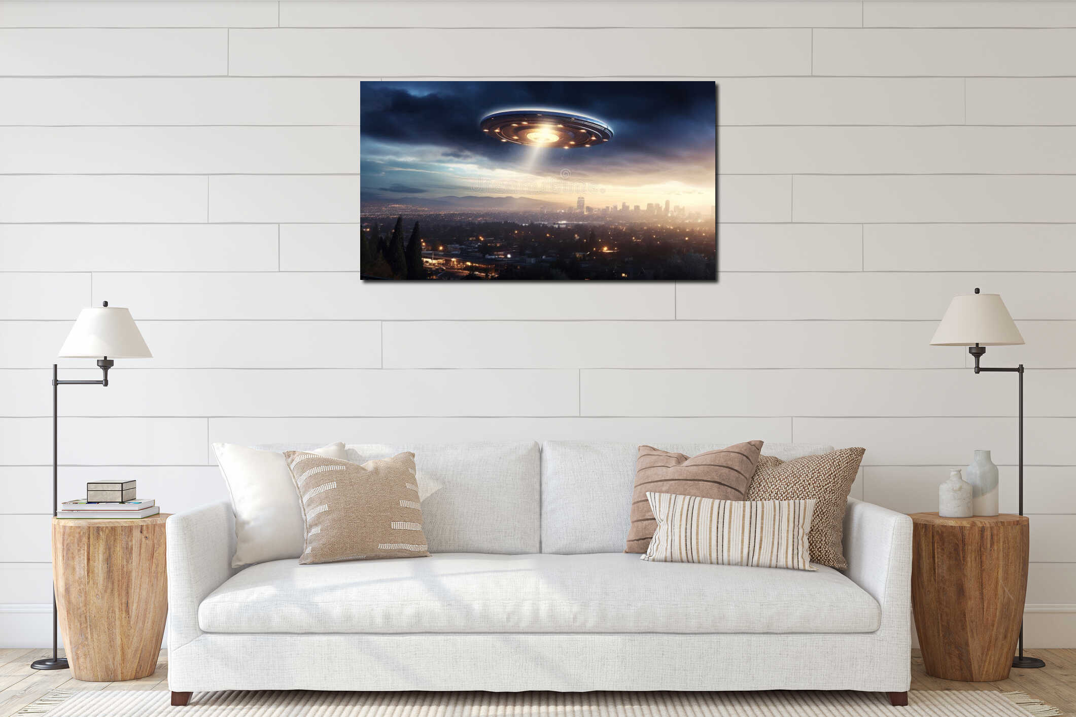 Large UFO hovers over a city at night, emitting a bright light. Ideal for sci-fi, mystery, or fantasy themes interior mockup