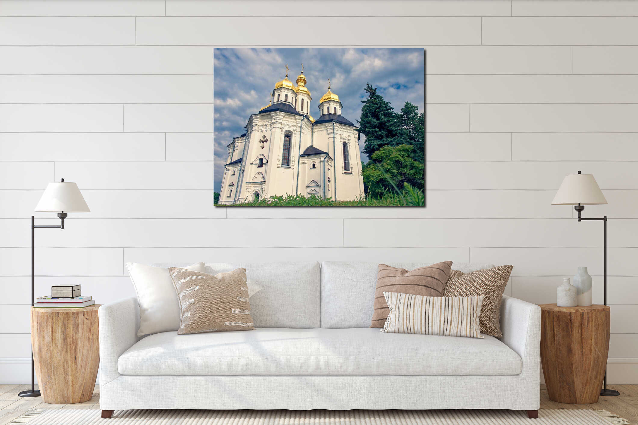 The architectural beauty of the Orthodox Church of St. Catherine is elegantly displayed in this scene, with its white exterior, interior mockup