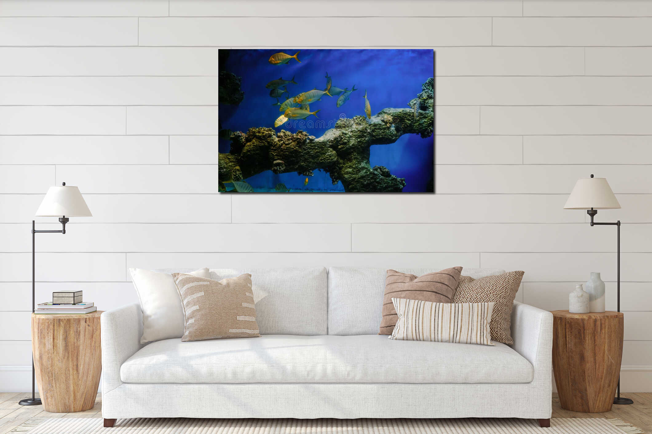 School of fish Golden Trevally swims in the water at the bottom interior mockup