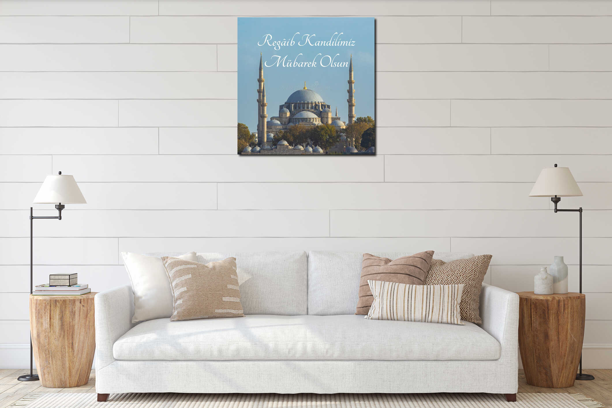 Suleymaniye Mosque view. Regaip Kandili concept image. interior mockup