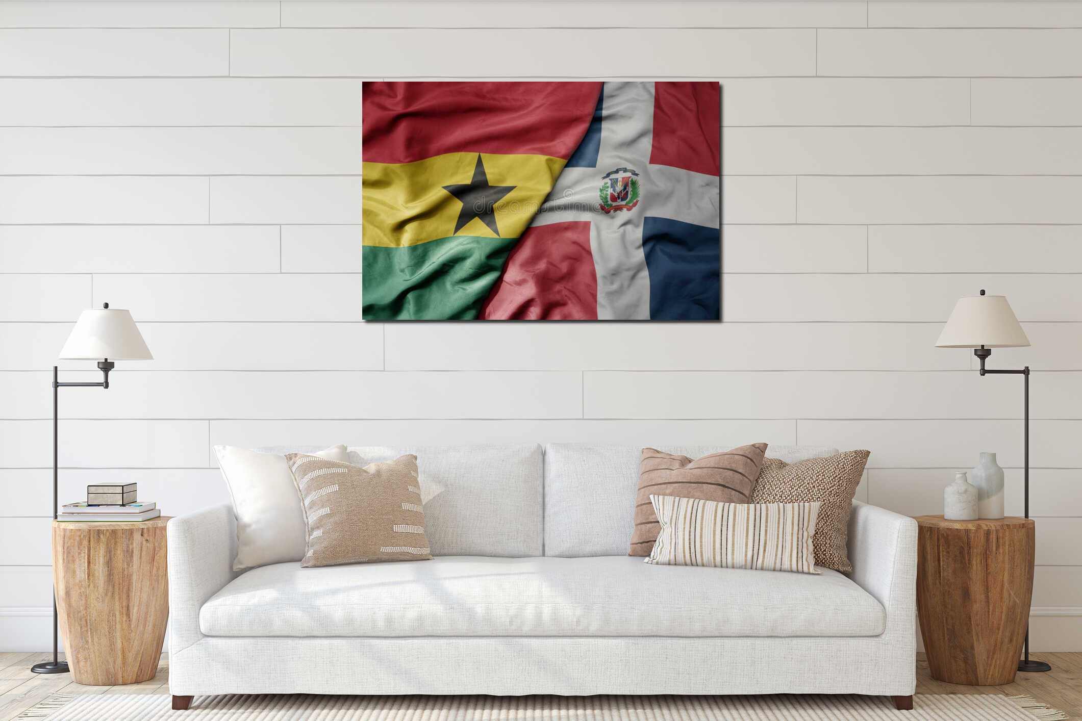 big waving national colorful flag of dominican republic and national flag of ghana interior mockup