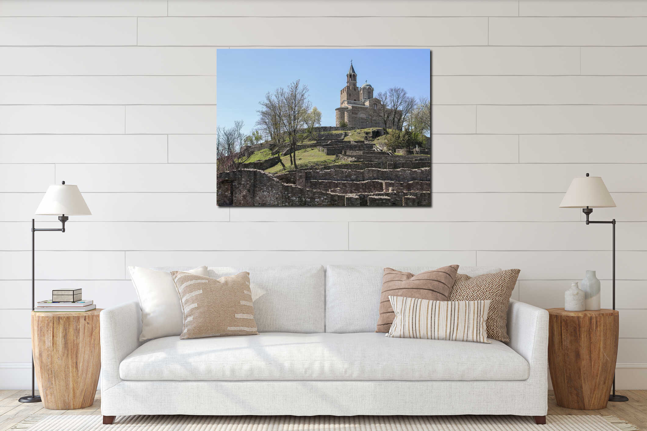 Ruins of ancient buildings inside the fortress walls of the Tsarevets fortress in Veliko Tarnovo interior mockup