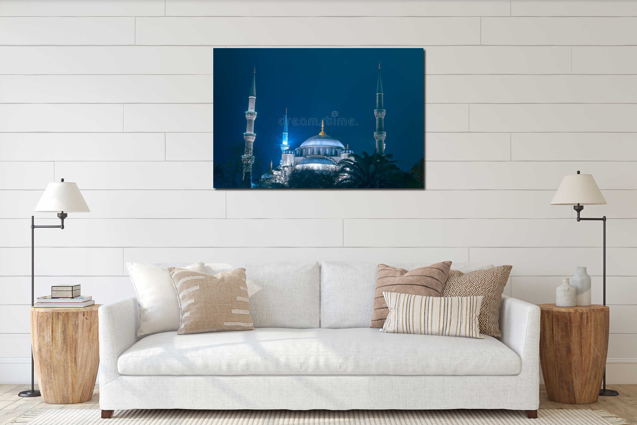 Sultanahmet or Blue Mosque at night. Ramadan or islamic concept photo interior mockup