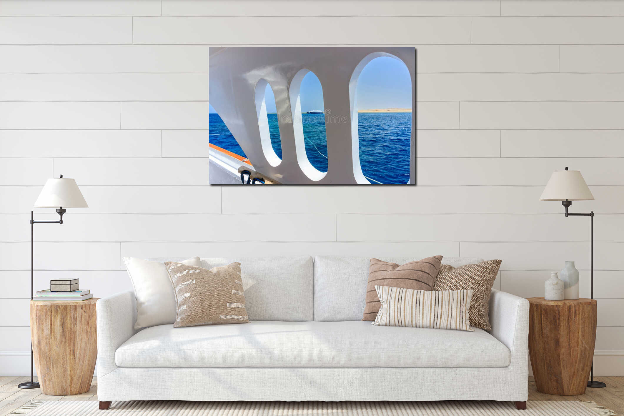 Sunny day on a luxury yacht in Egypt, Red Sea interior mockup