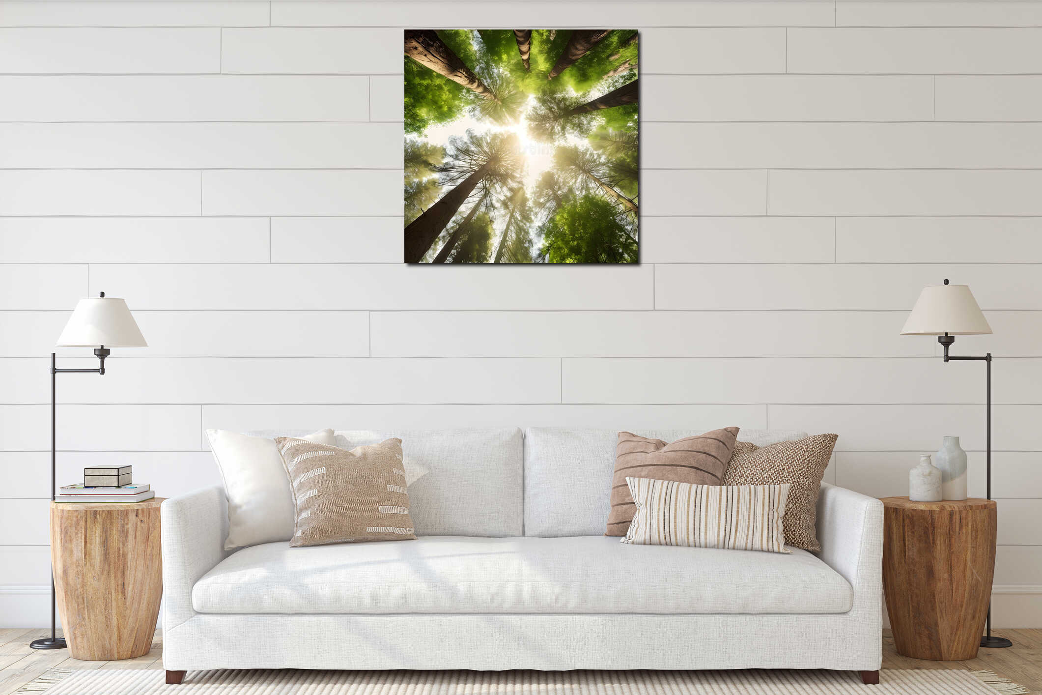 AI generated illustration of a low angle of a lush green forest in sunlight interior mockup