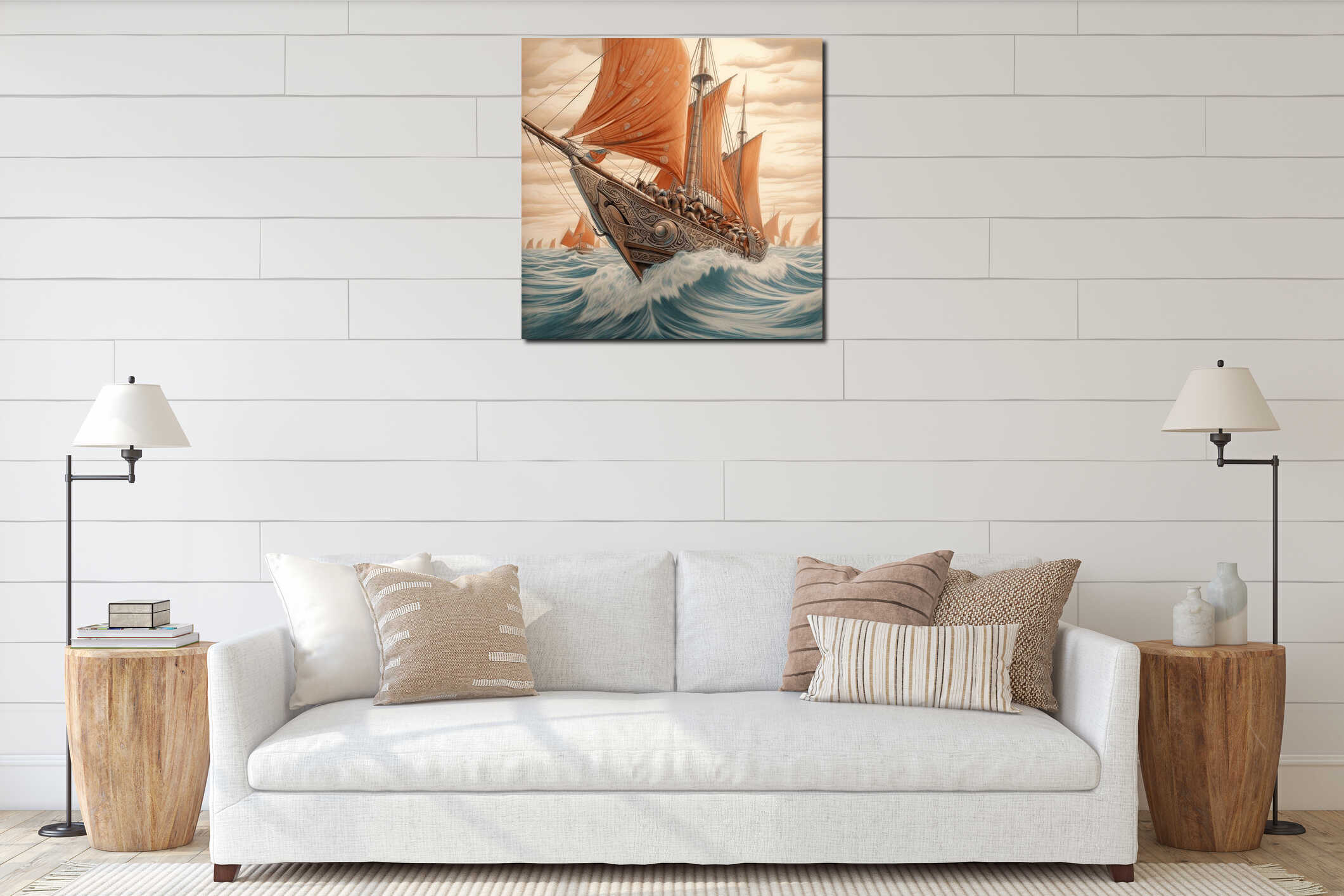 AI generated illustration of a majestic tall ship sailing in the open ocean interior mockup