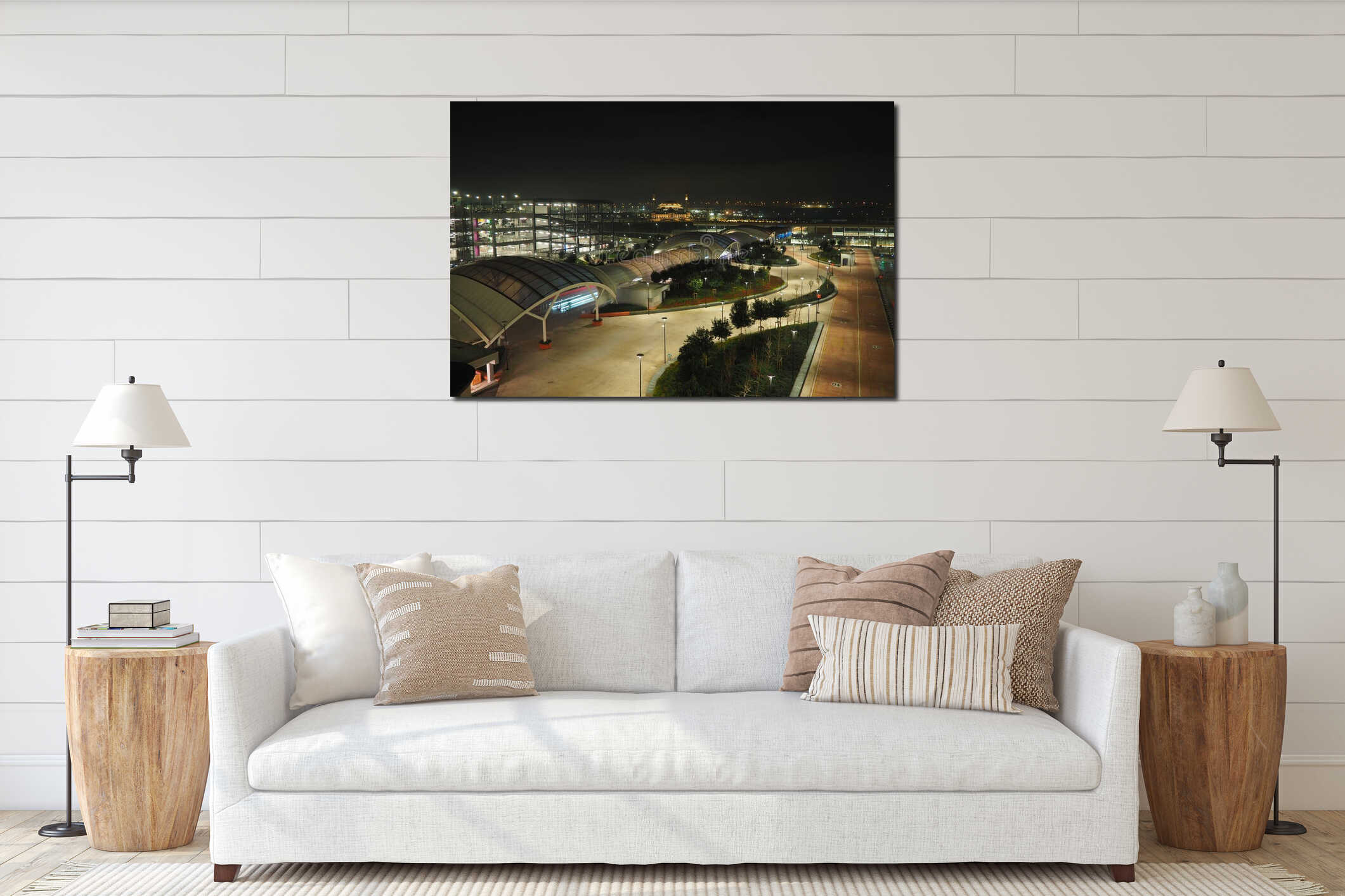 Istanbul, Turkiye 01.01.24: Ali Kuscu Mosque, first structure of Airport City. Night Istanbul, view from IST airport interior mockup