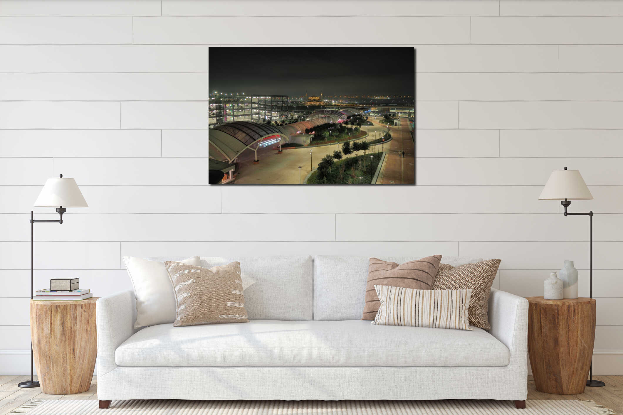 Istanbul, Turkiye 01.01.24: Ali Kuscu Mosque, first structure of Airport City. Night Istanbul, view from IST airport interior mockup