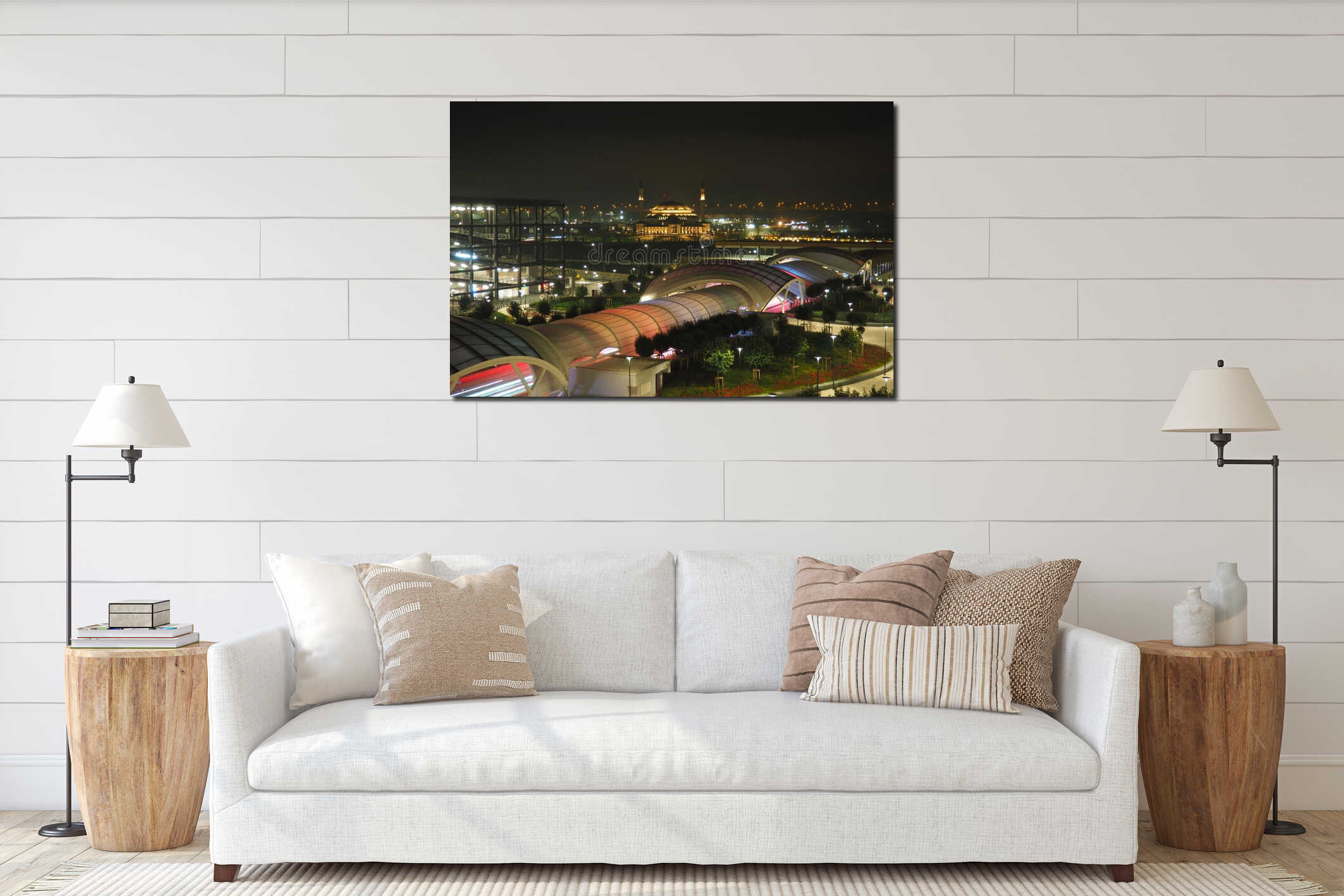 Istanbul, Turkiye 01.01.24: Ali Kuscu Mosque, first structure of Airport City. Night Istanbul, view from IST airport interior mockup