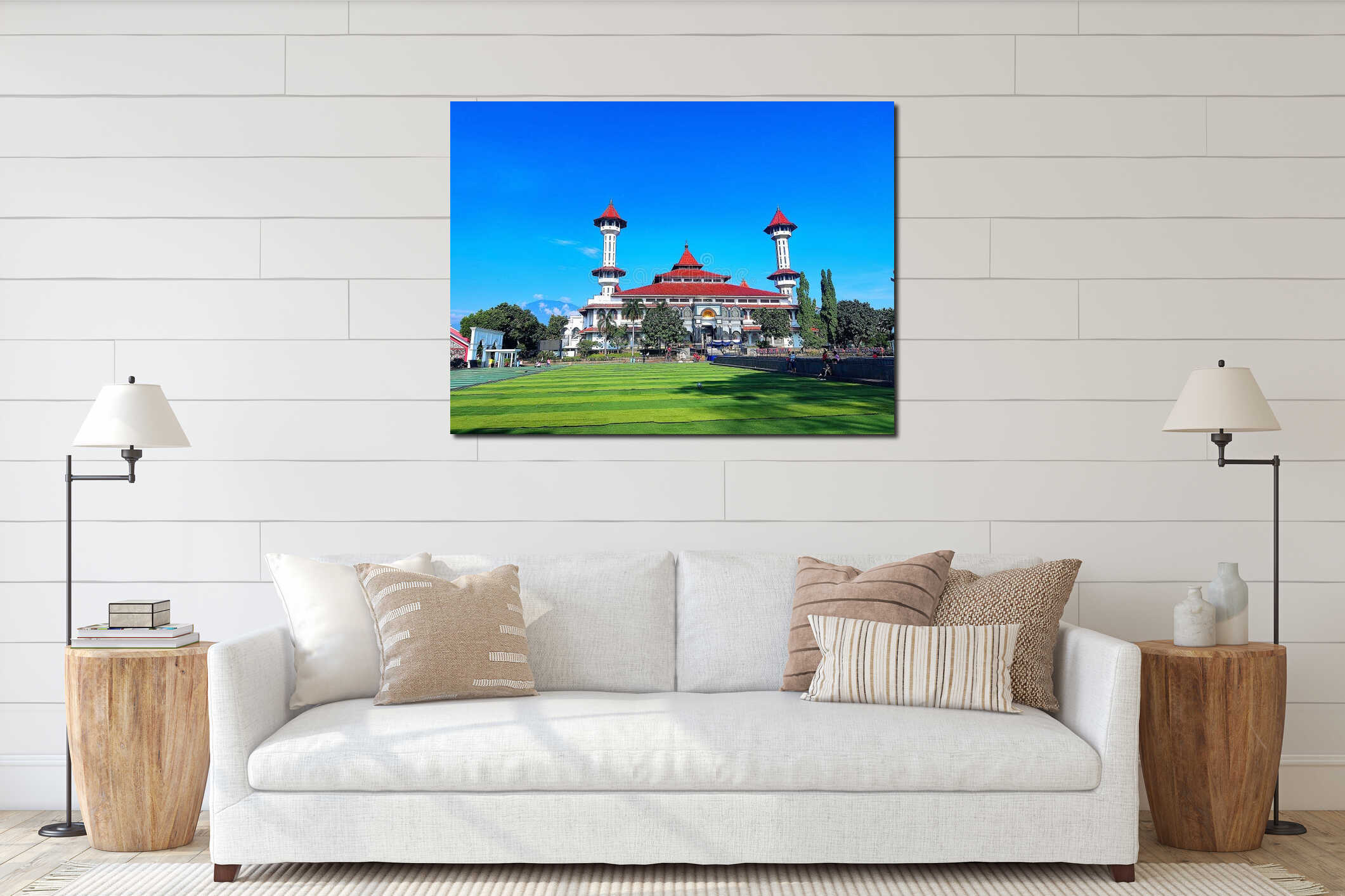 landscape of the front of the Babussalam Grand Mosque in Cianjur, with a bright blue sky in the background interior mockup