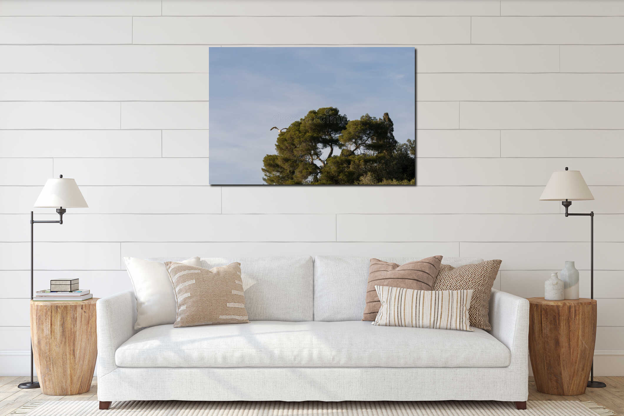 Big white seagull flying over Mediterranean coast interior mockup