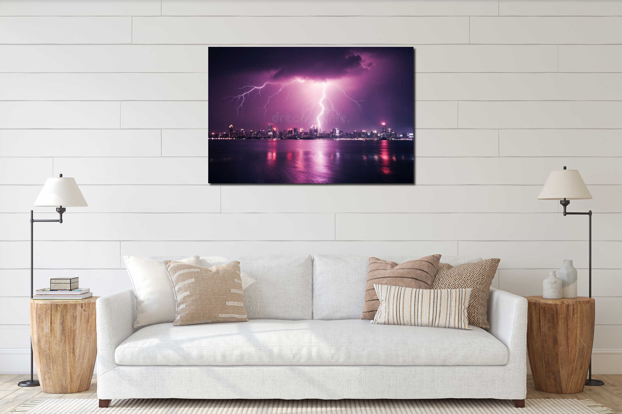 AI generated illustration of a vibrant purple storm cloud looms over a bustling city skyline interior mockup