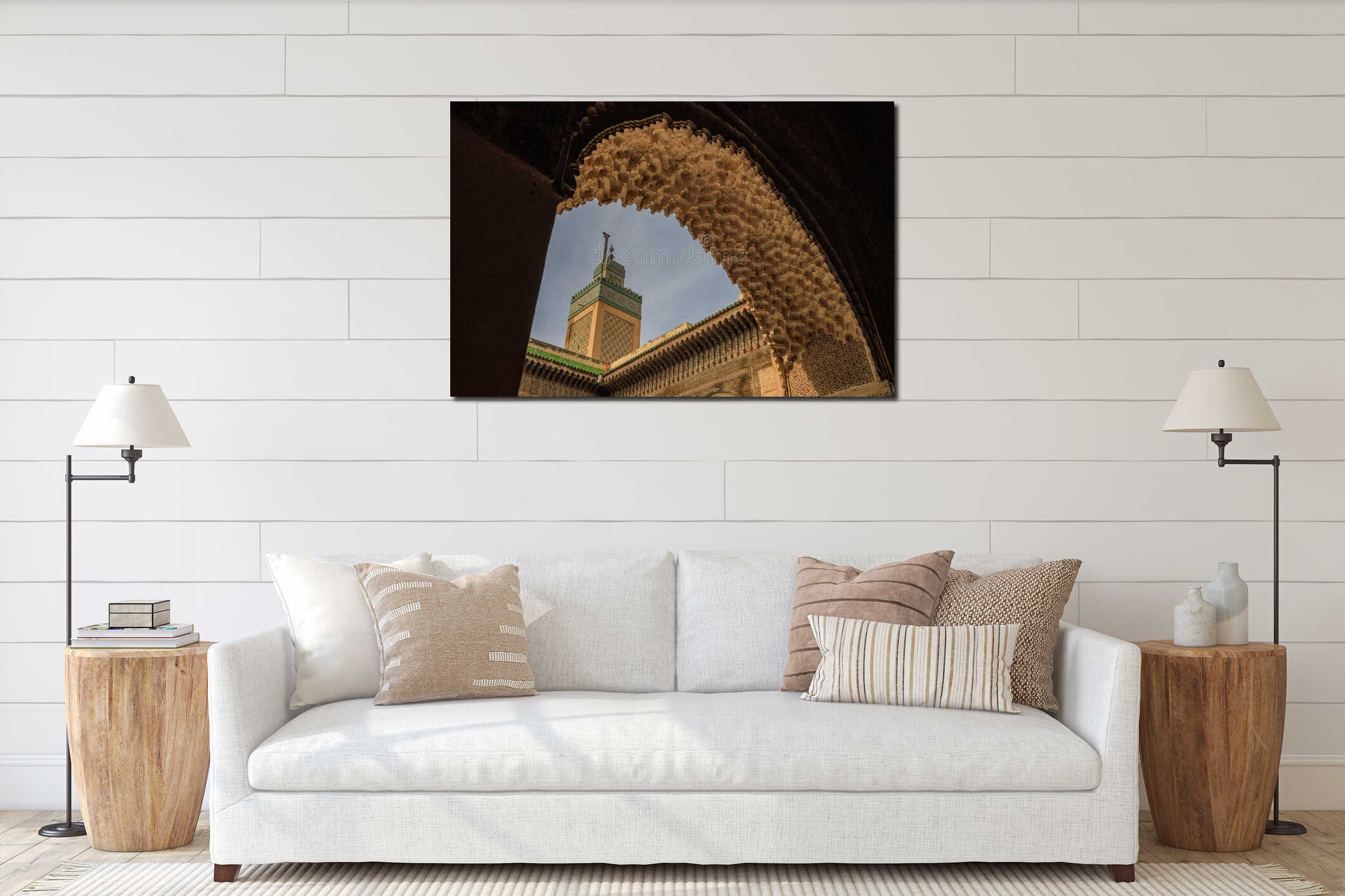 FES, MOROCCO. The minaret view and Inside interior of The Madrasa Bou Inania. interior mockup