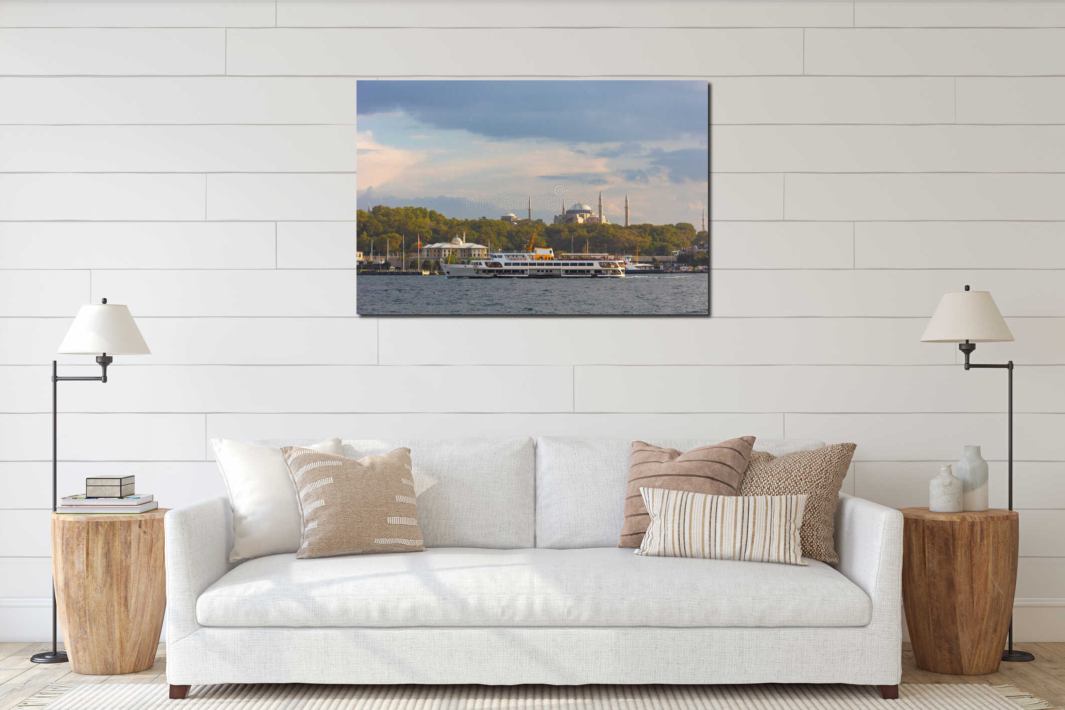 Istanbul background photo. Ferry and Hagia Sophia aka Ayasofya at sunset interior mockup