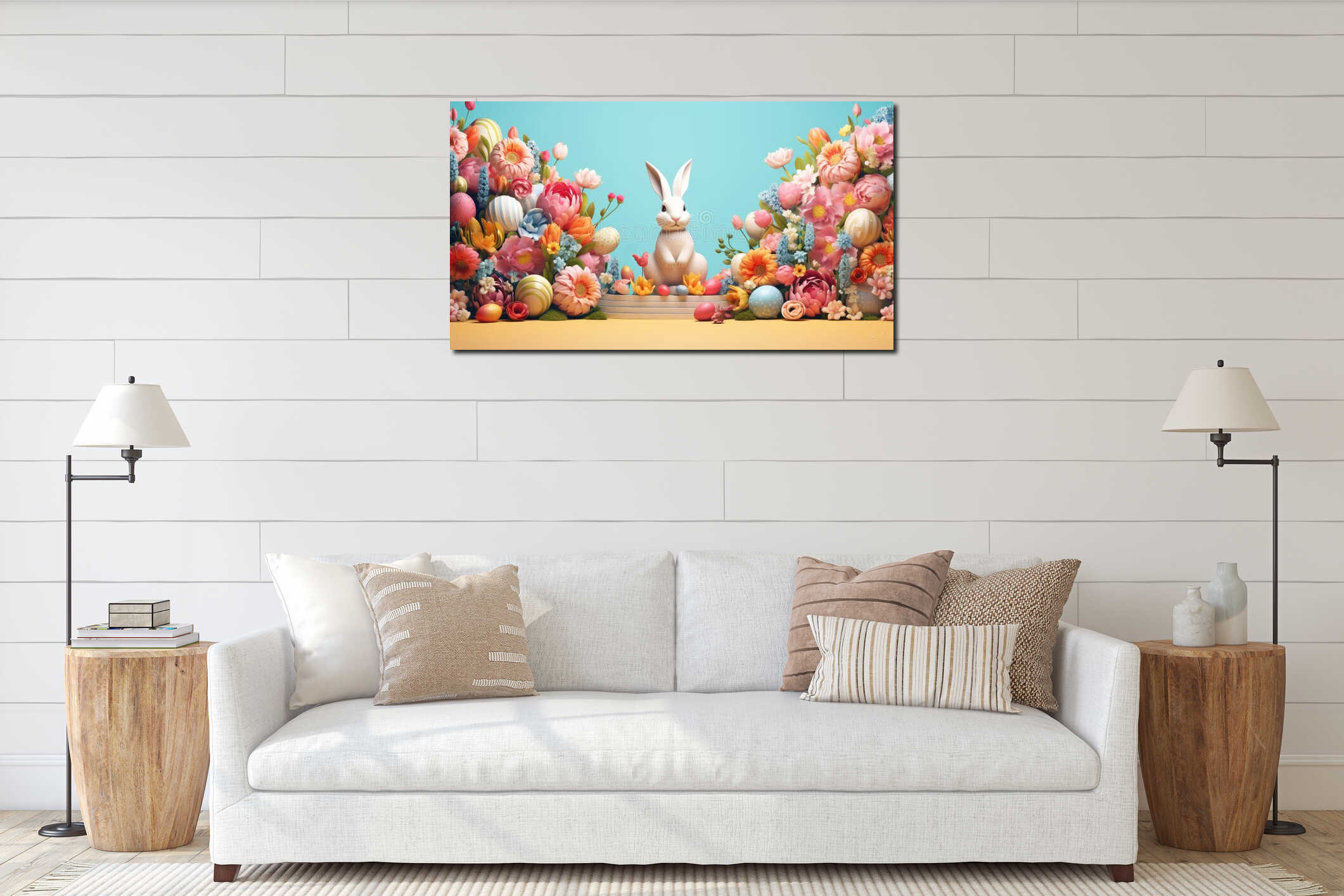 Easter banner. Easter bunny with colorful eggs and spring flowers. interior mockup