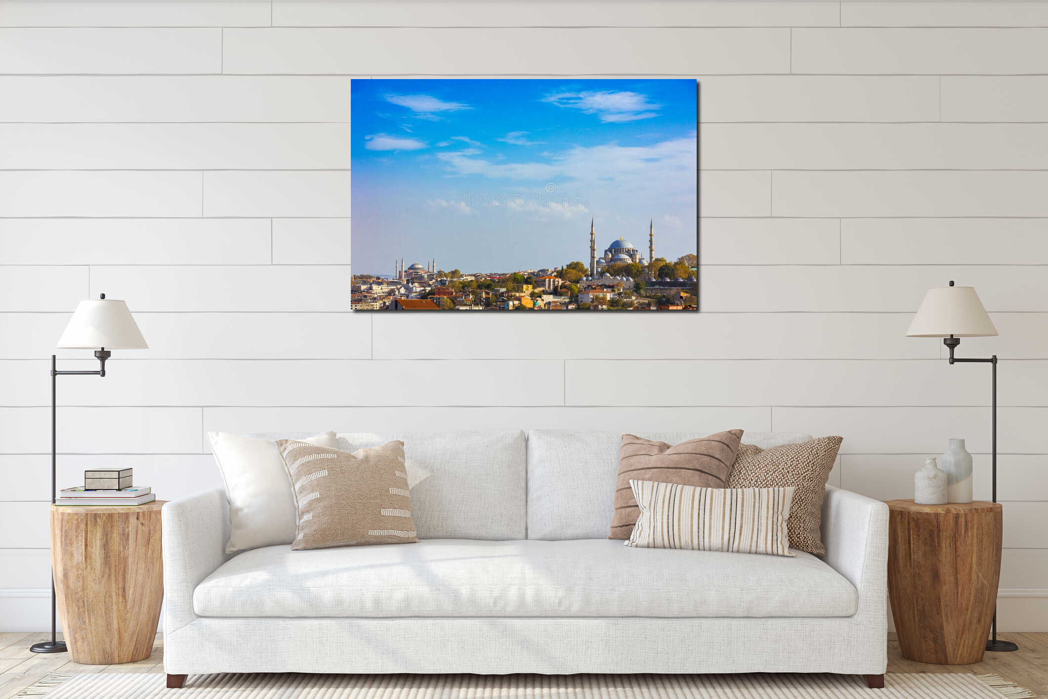 Cityscape of Istanbul with Hagia Sophia or Ayasofya and Suleymaniye Mosques interior mockup