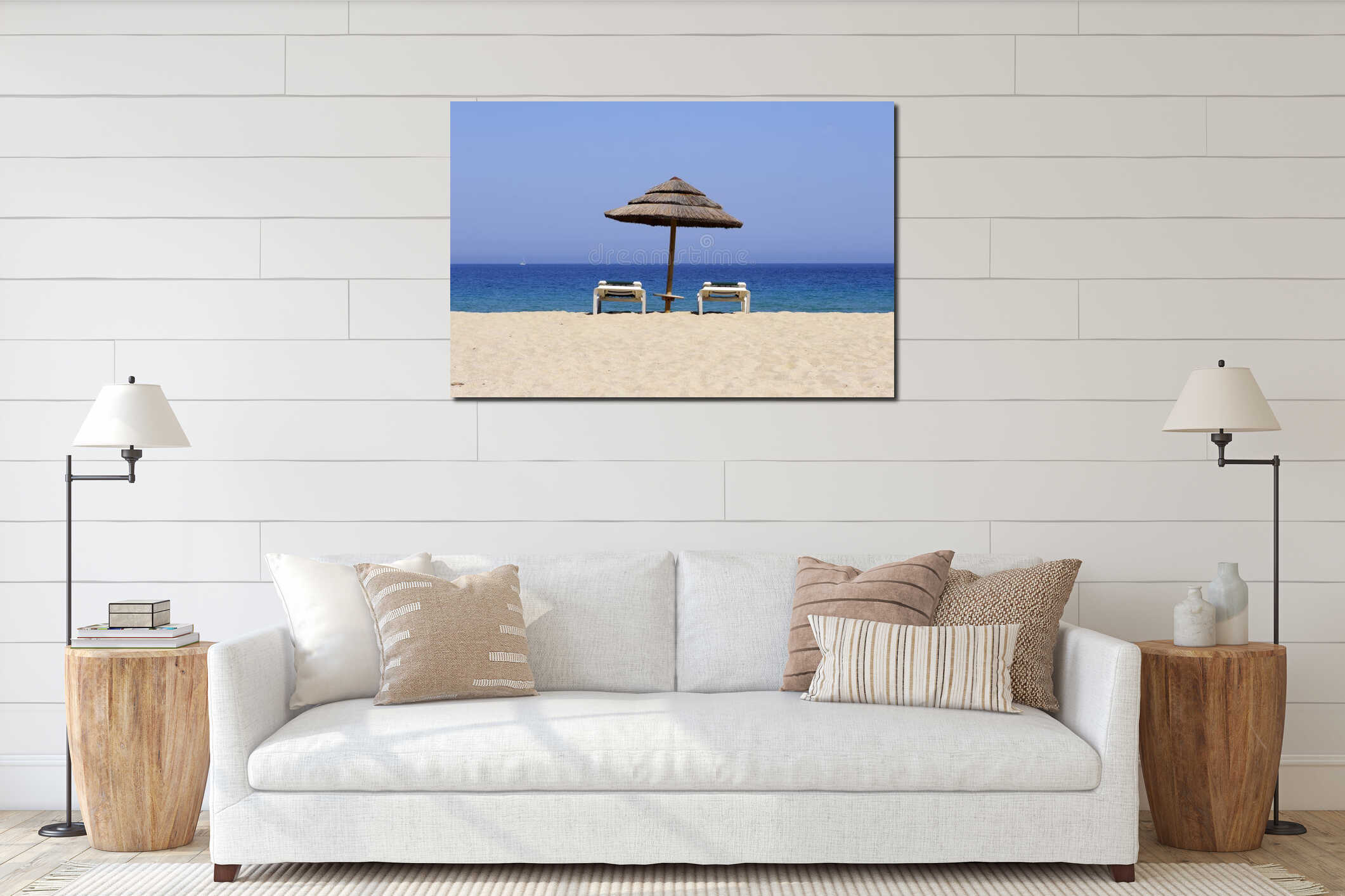 Sun lounger on sandy beach, co interior mockup