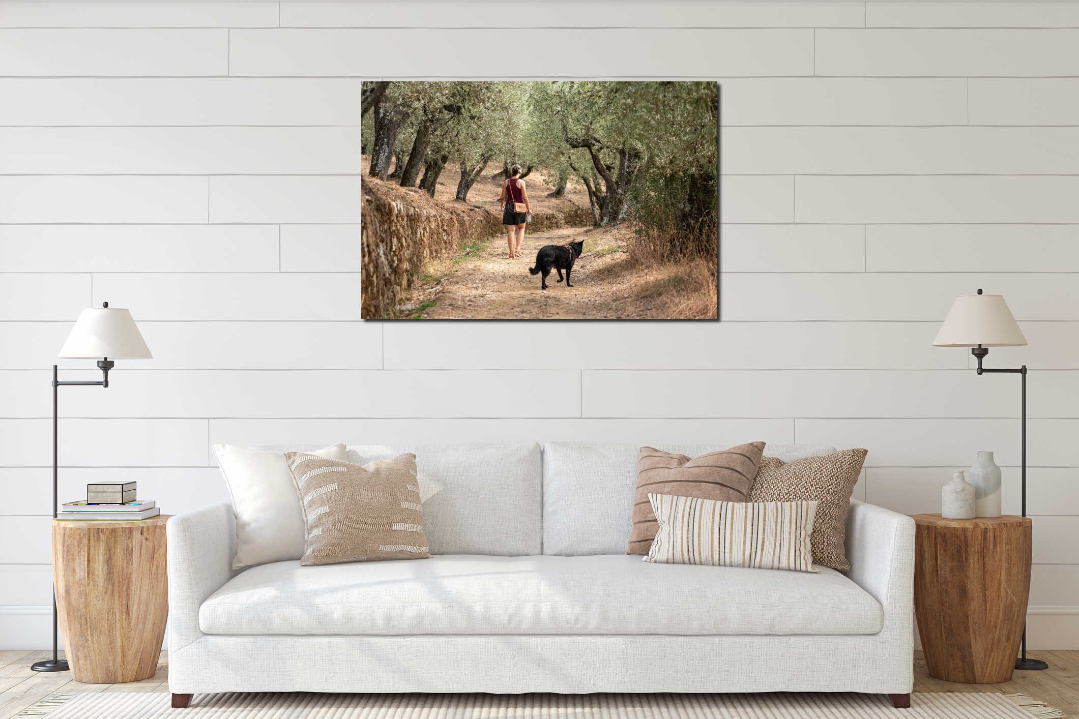 A female tourist walking with her dog on a path among olive trees in the Tuscany interior mockup