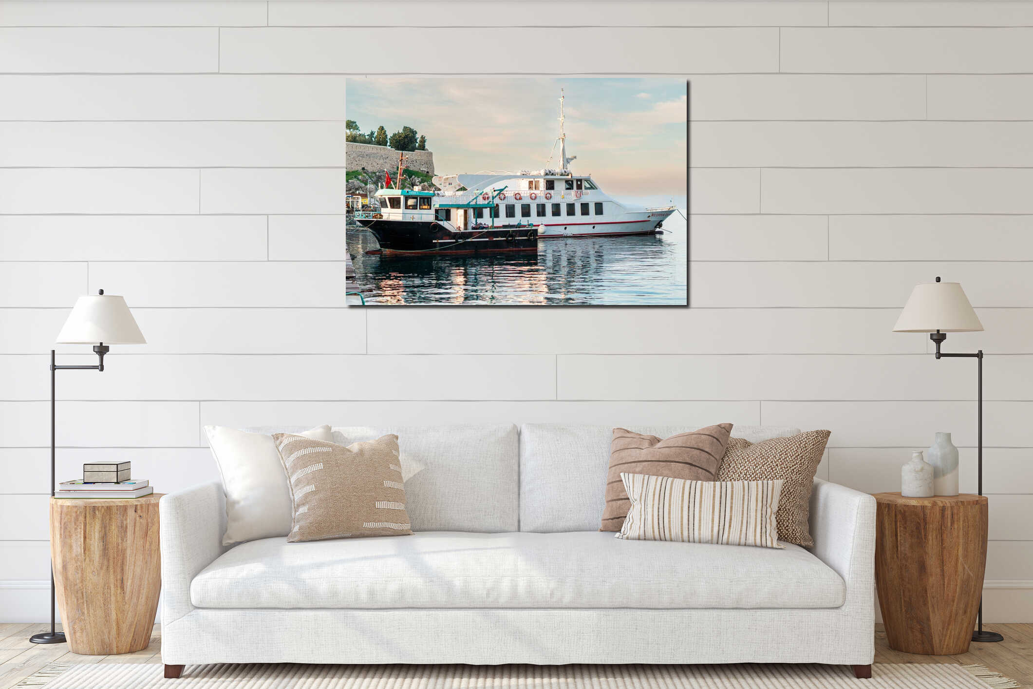 Small boat is docked in tranquil blue water at the edge of a rocky stone wall. interior mockup
