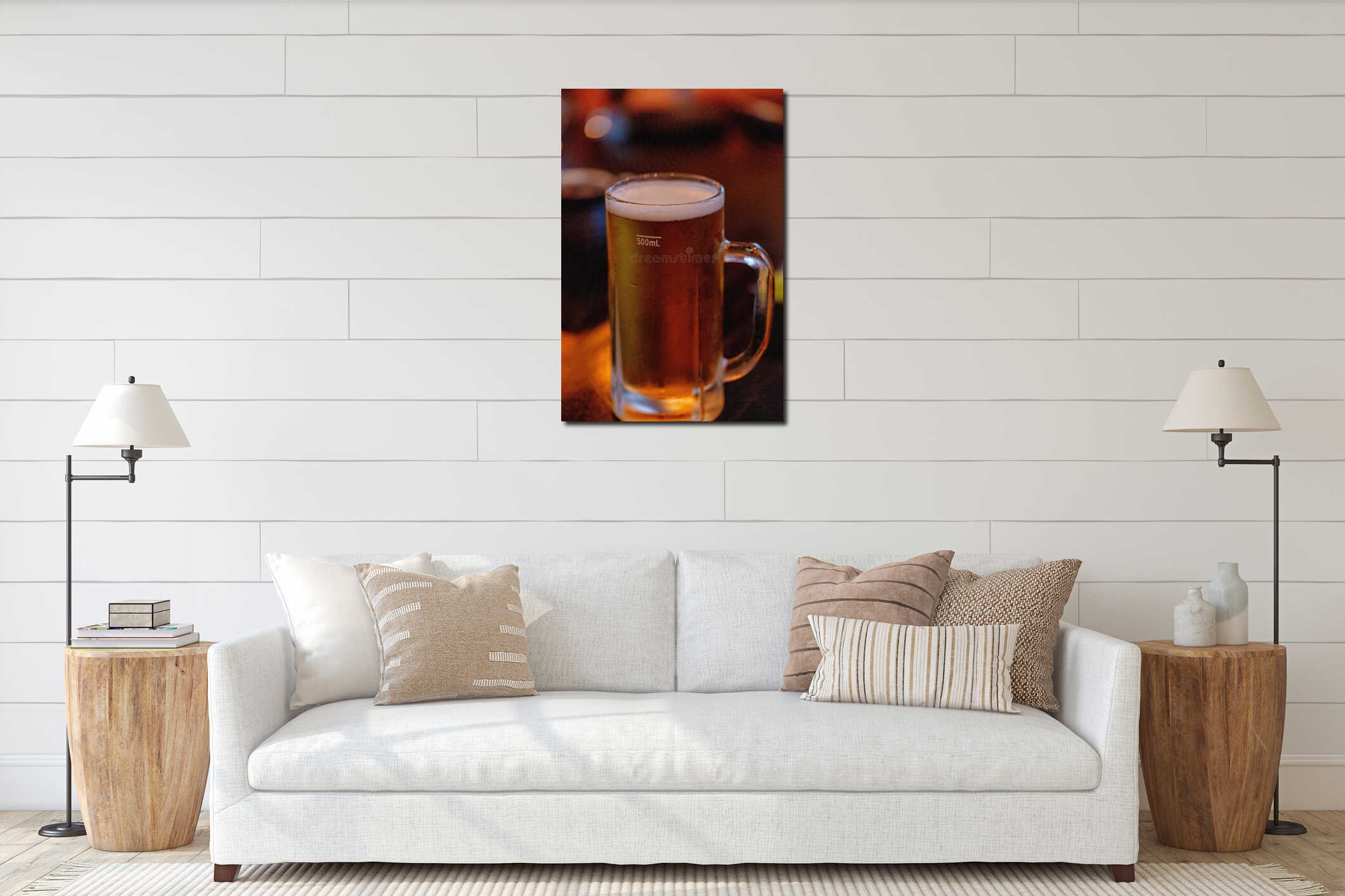 Closeup of a mug of cold beer at bar interior mockup