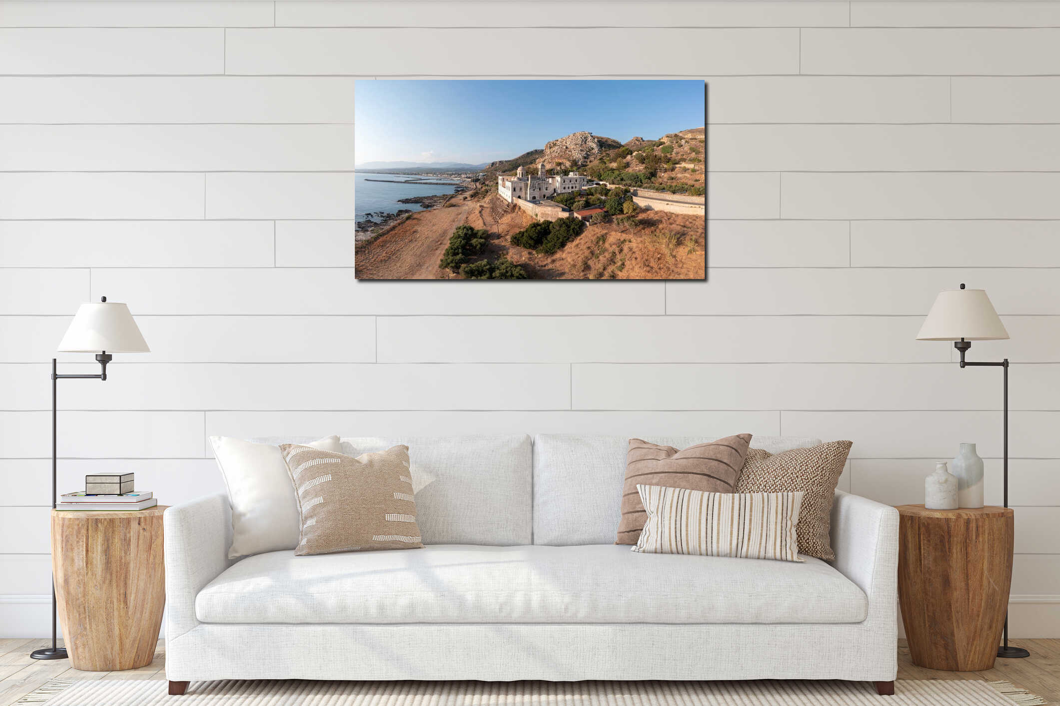 Crete island, Monastery Gonia Odigitria, Chania town, Greece. Aerial drone view of Orthodox Church interior mockup