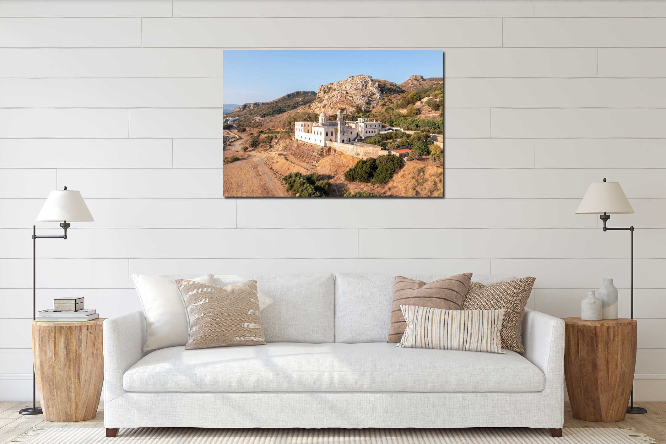 Monastery Gonia Odigitria, Chania town, Crete island, Greece. Aerial drone view of Orthodox Church interior mockup
