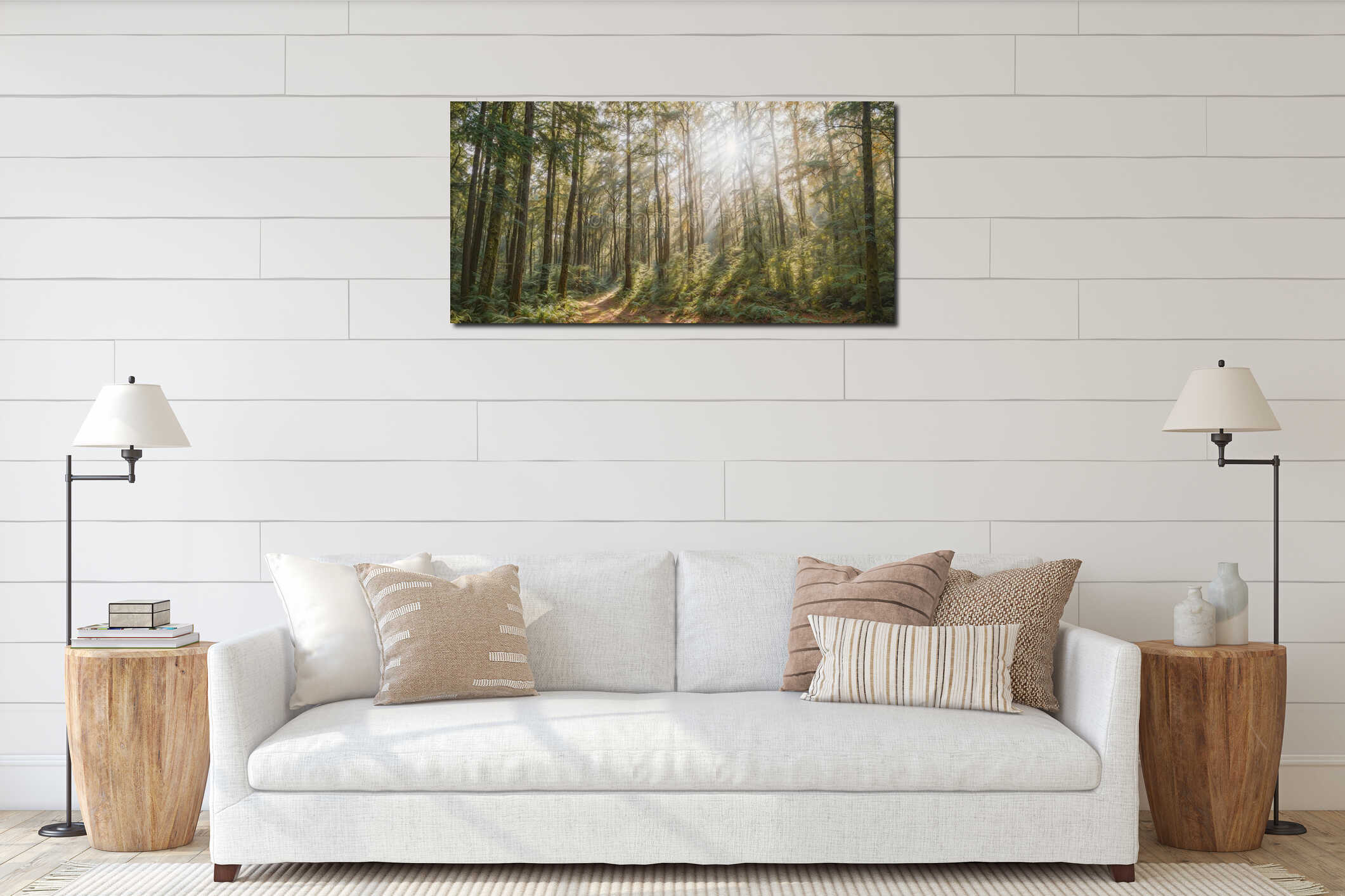 AI generated illustration of a lush forest where the rays of sunlight shine through the trees interior mockup