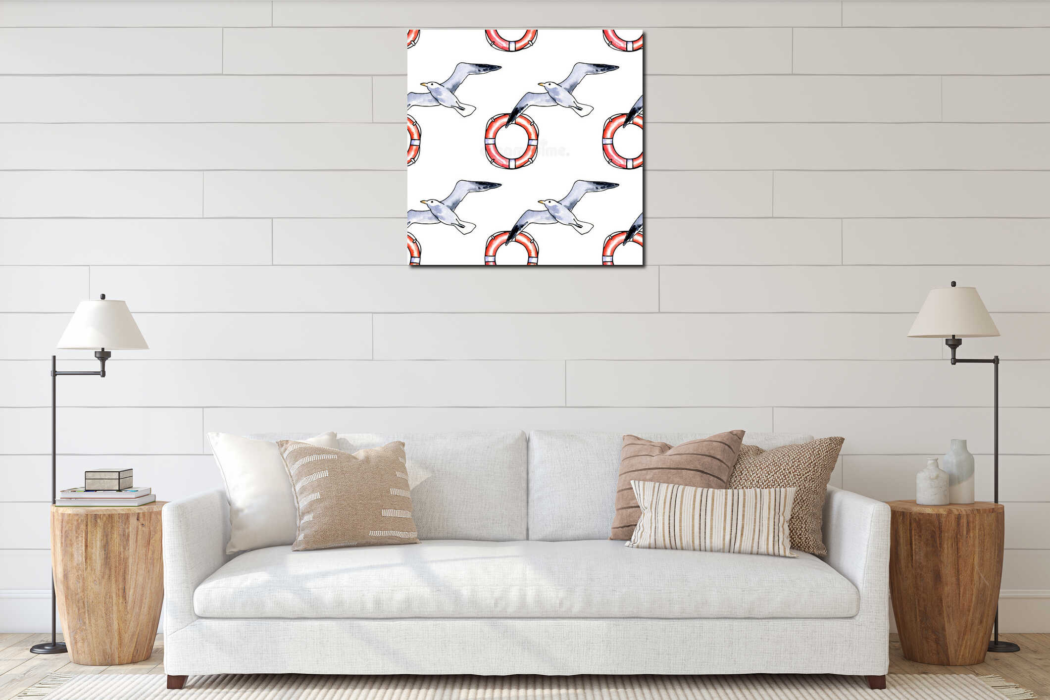 watercolor seamless pattern with striped lifelines and seabird, marine illustration with seagull, red and blue color interior mockup