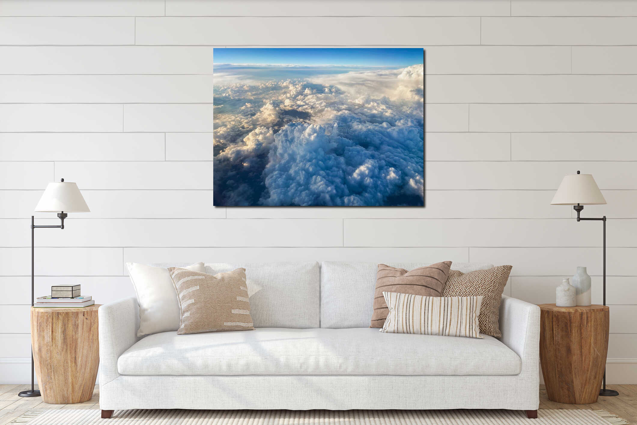 Breathtaking view of a vast expanse of fluffy white clouds floating in the sky interior mockup