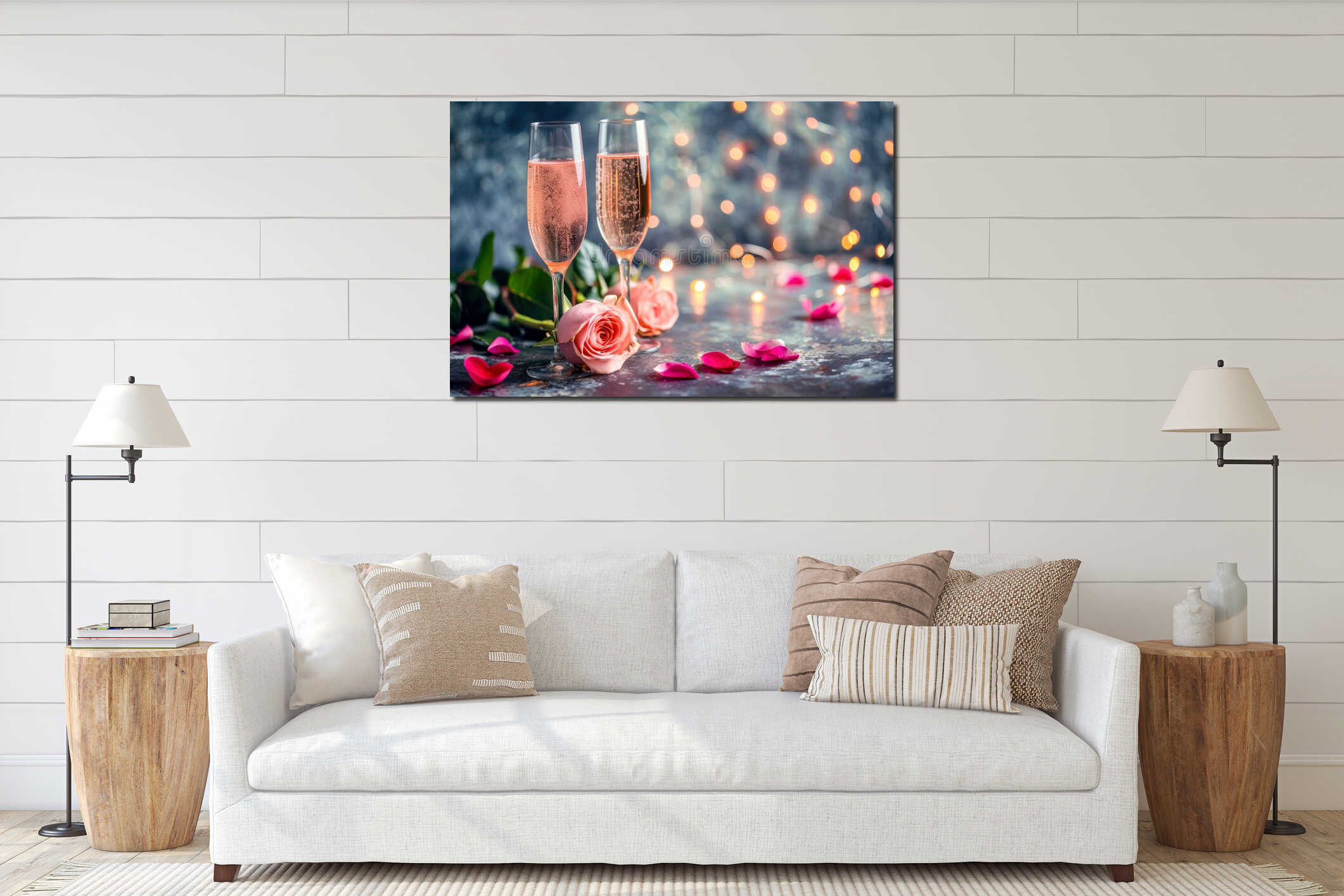 valentine day celebration with champagne, bokeh background. Generative AI interior mockup