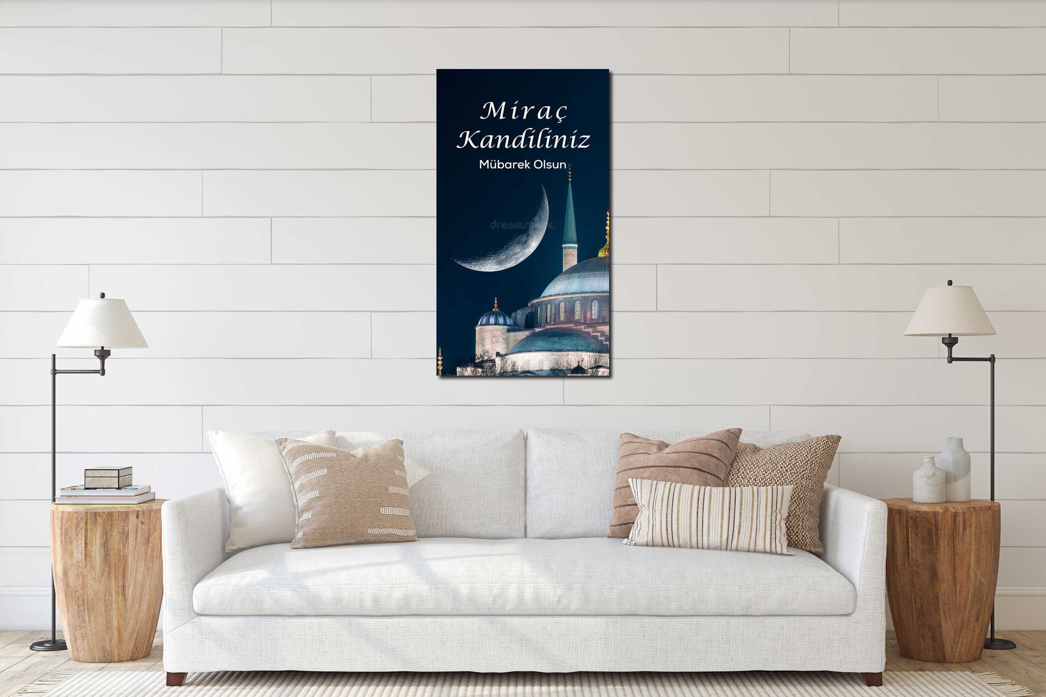 Mirac Kandili Mubarek Olsun. Sultanahmet Camii or Blue Mosque with crescent moon interior mockup