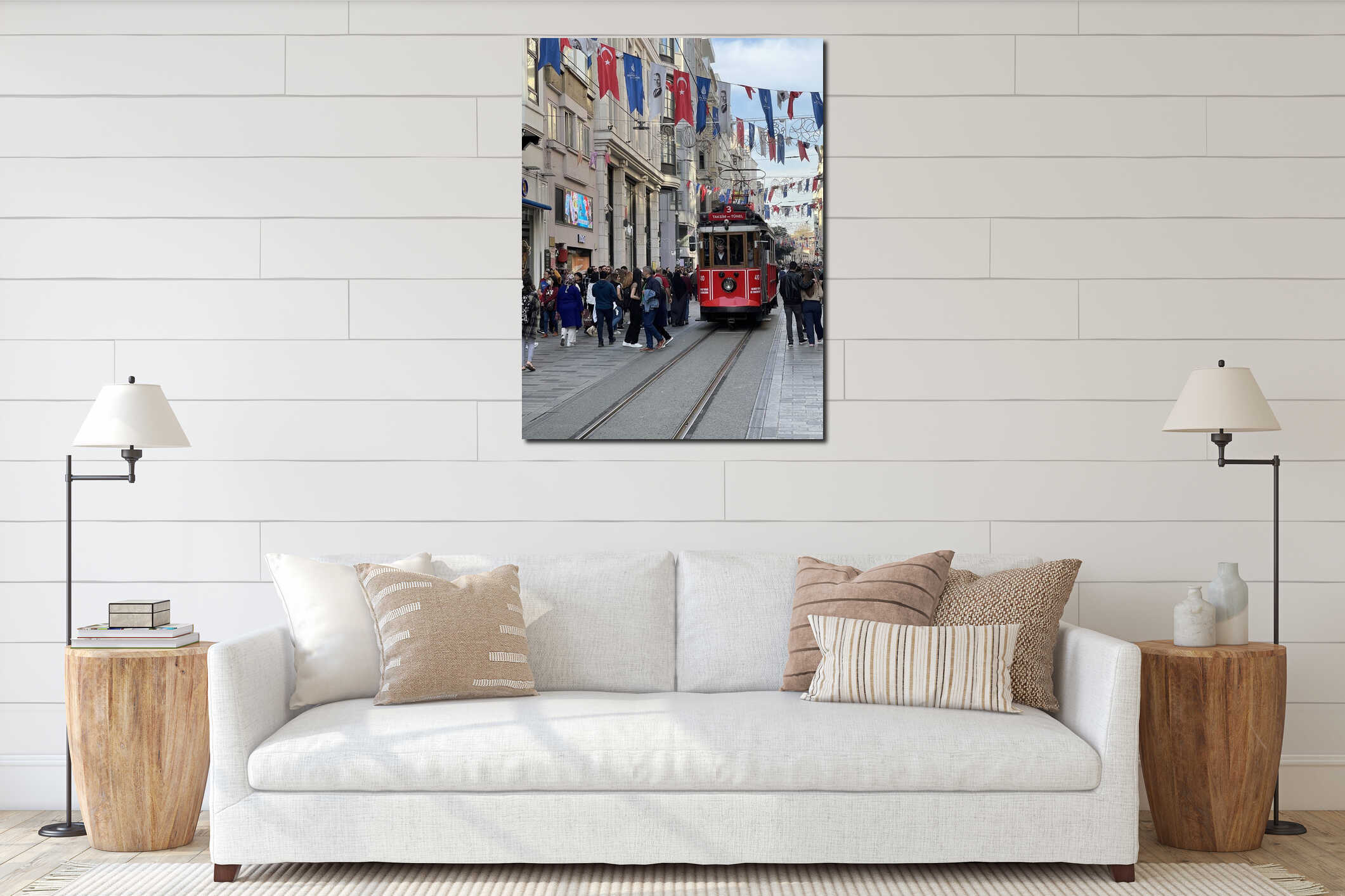 16 of April 2023 - Istanbul, Turkey: City life, the people and famous red tram on Istiklal pedestrian street interior mockup