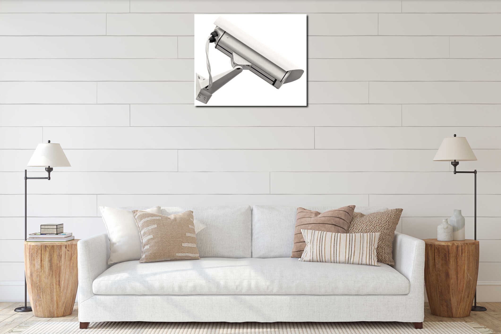 Video surveillance cctv camera, grey isolated large closeup, light grey gray interior mockup