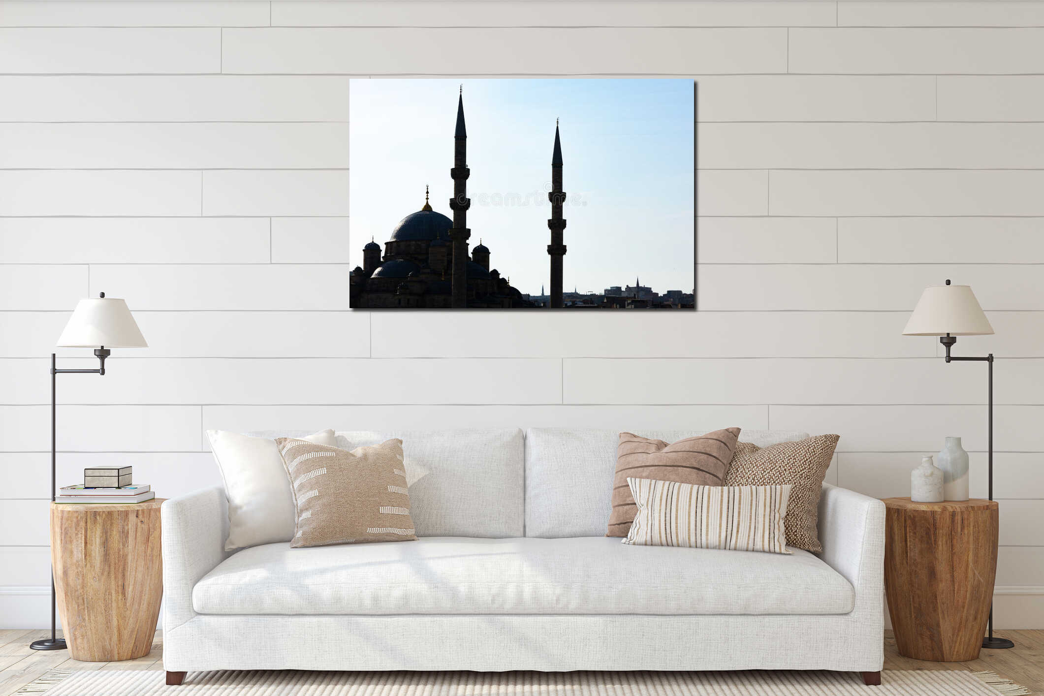 Silhouette of Eminonu Yeni Cami or New Mosque. Islamic or ramadan concept photo interior mockup