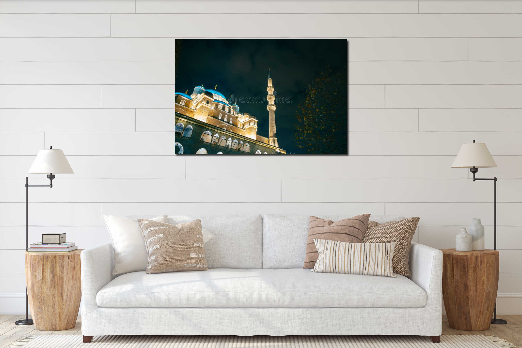 Eminonu Yeni Cami or New Mosque at night. Ramadan or islamic concept photo interior mockup