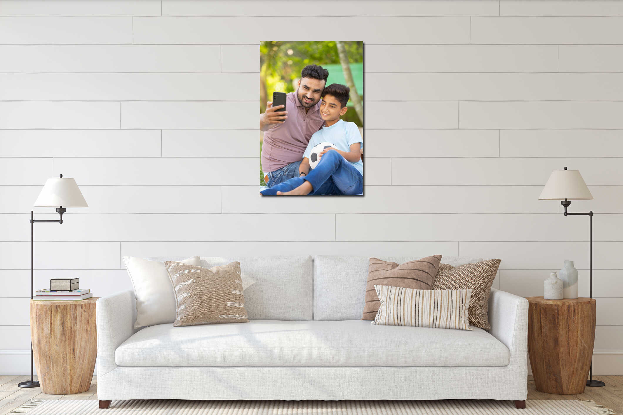 Vertical shot of cheerful indian father with son taking selfie on mobile phone at park - concept of social media, family interior mockup