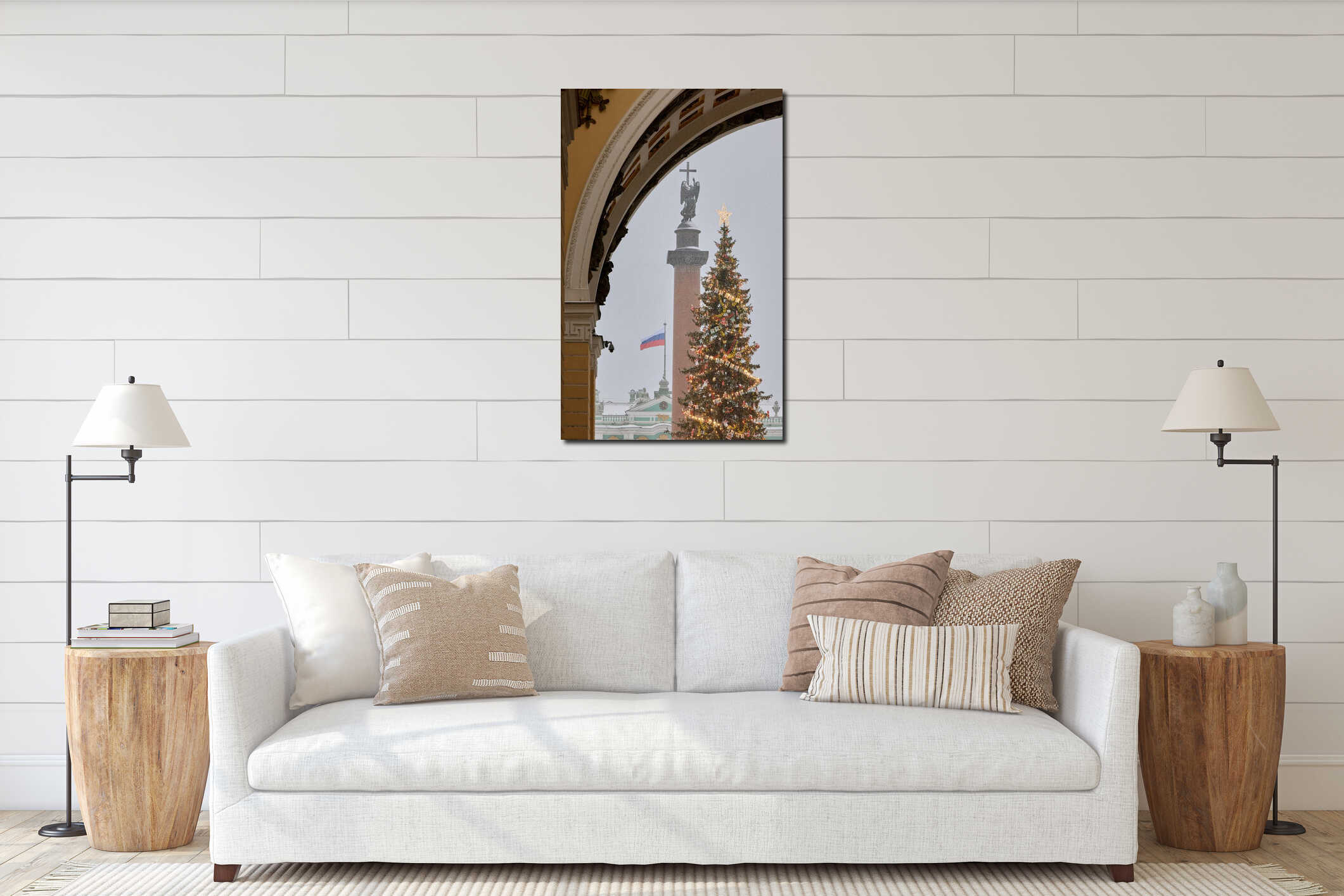 The main Christmas tree shimmers with decorations, Alexander column with angel with cross, the Palace square during the interior mockup