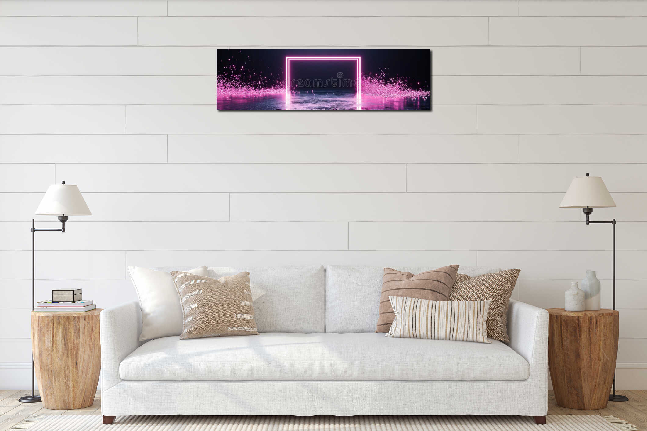 Futuristic pink neon frame on a reflective surface with sparkling particles, ideal for modern art concepts, event interior mockup