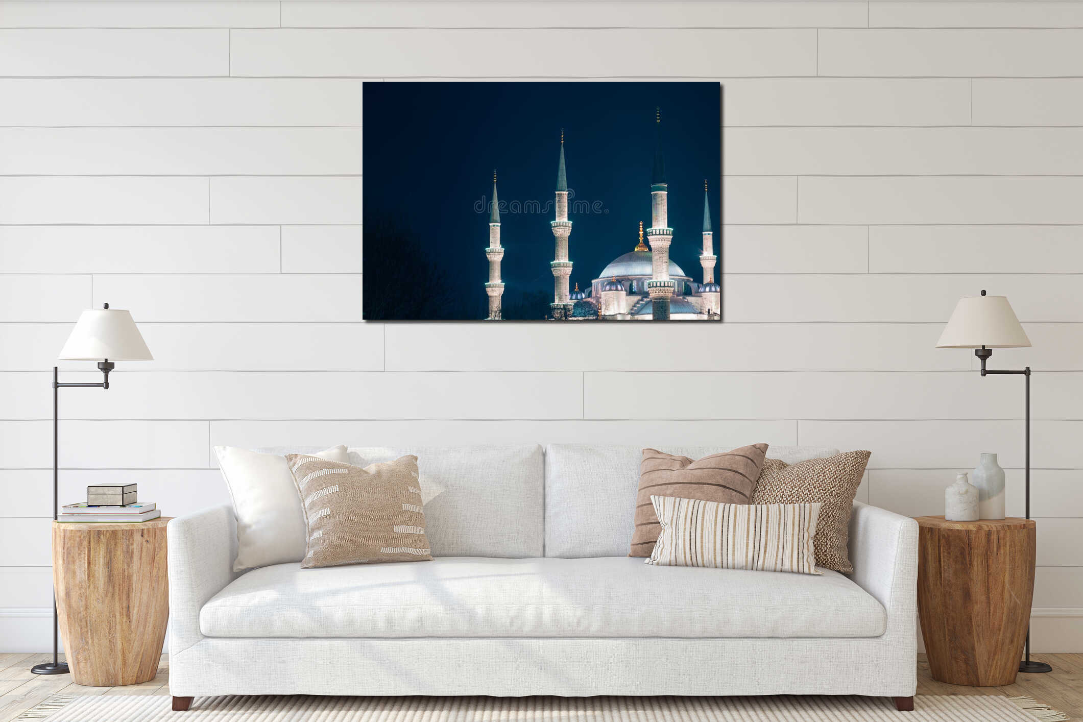 Minarets and dome of Sultanahmet Camii or Blue Mosque at night. interior mockup