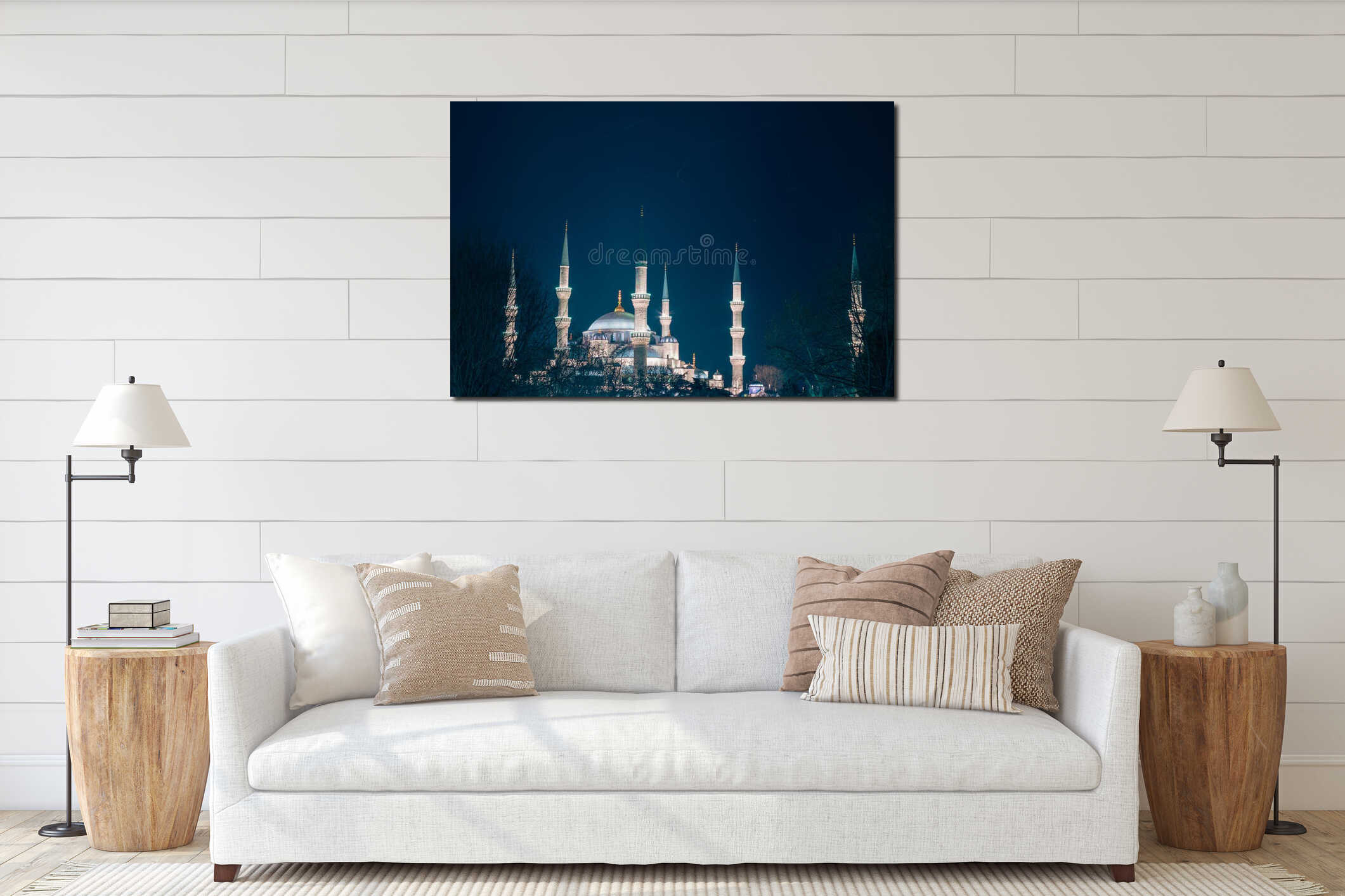 Sultanahmet Camii or Blue Mosque view at night. Ramadan or islamic concept photo interior mockup
