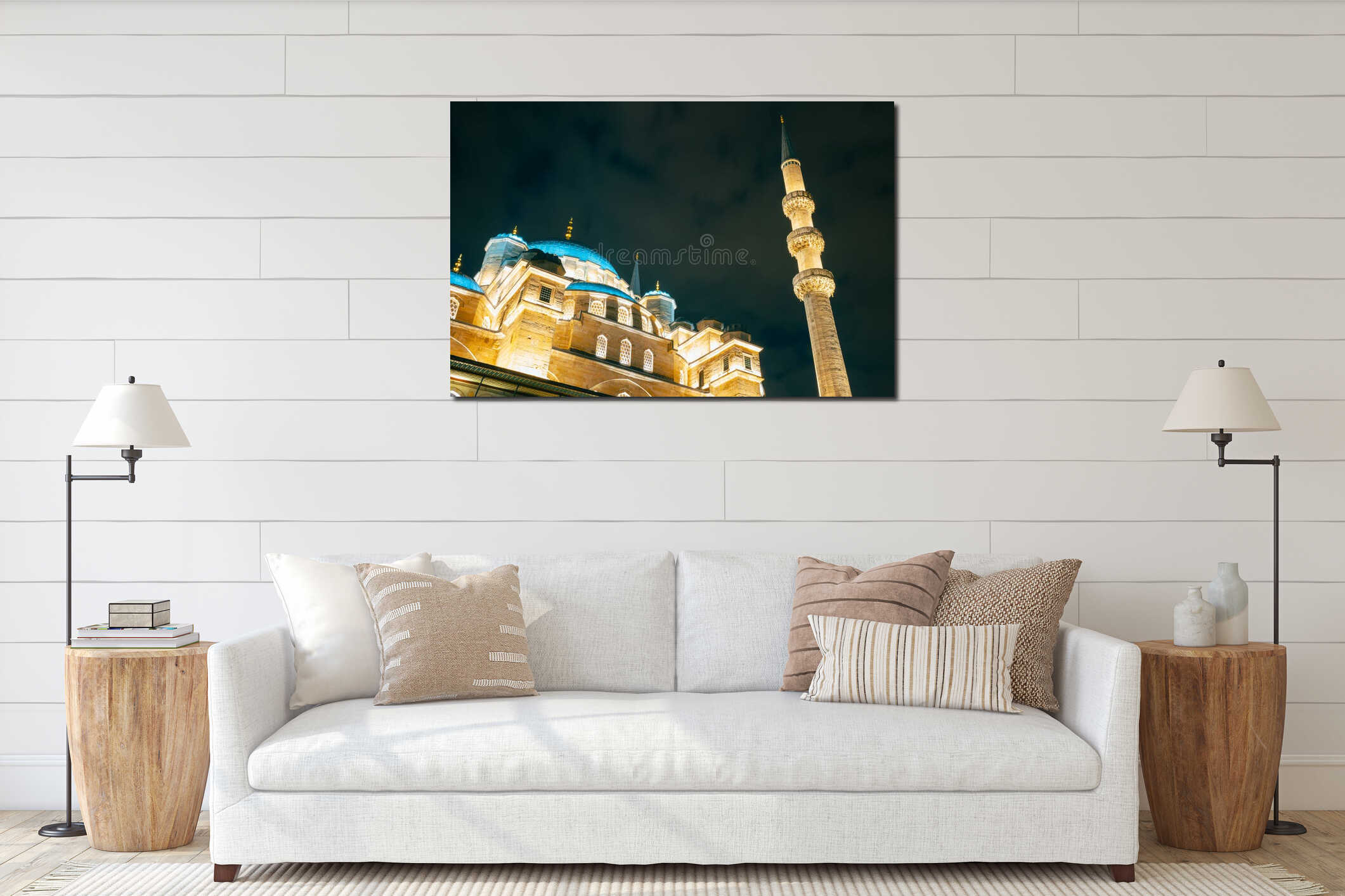 Islamic background photo. Eminonu New Mosque or Yeni Cami view at night interior mockup