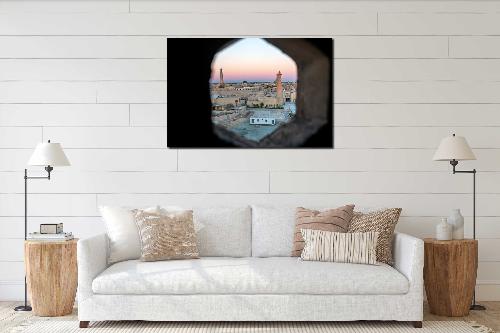 Old town of Khiva from above at sunrise view through window of the minaret in the mosque interior mockup
